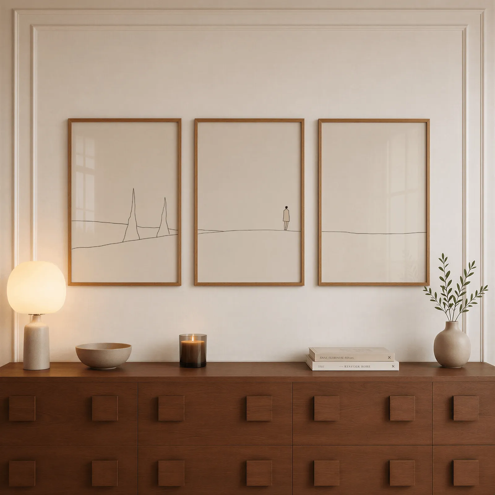 minimalist landscape wall art set of 3 with figure and horizon line, above a walnut sideboard with a lit candle and glowing lamp