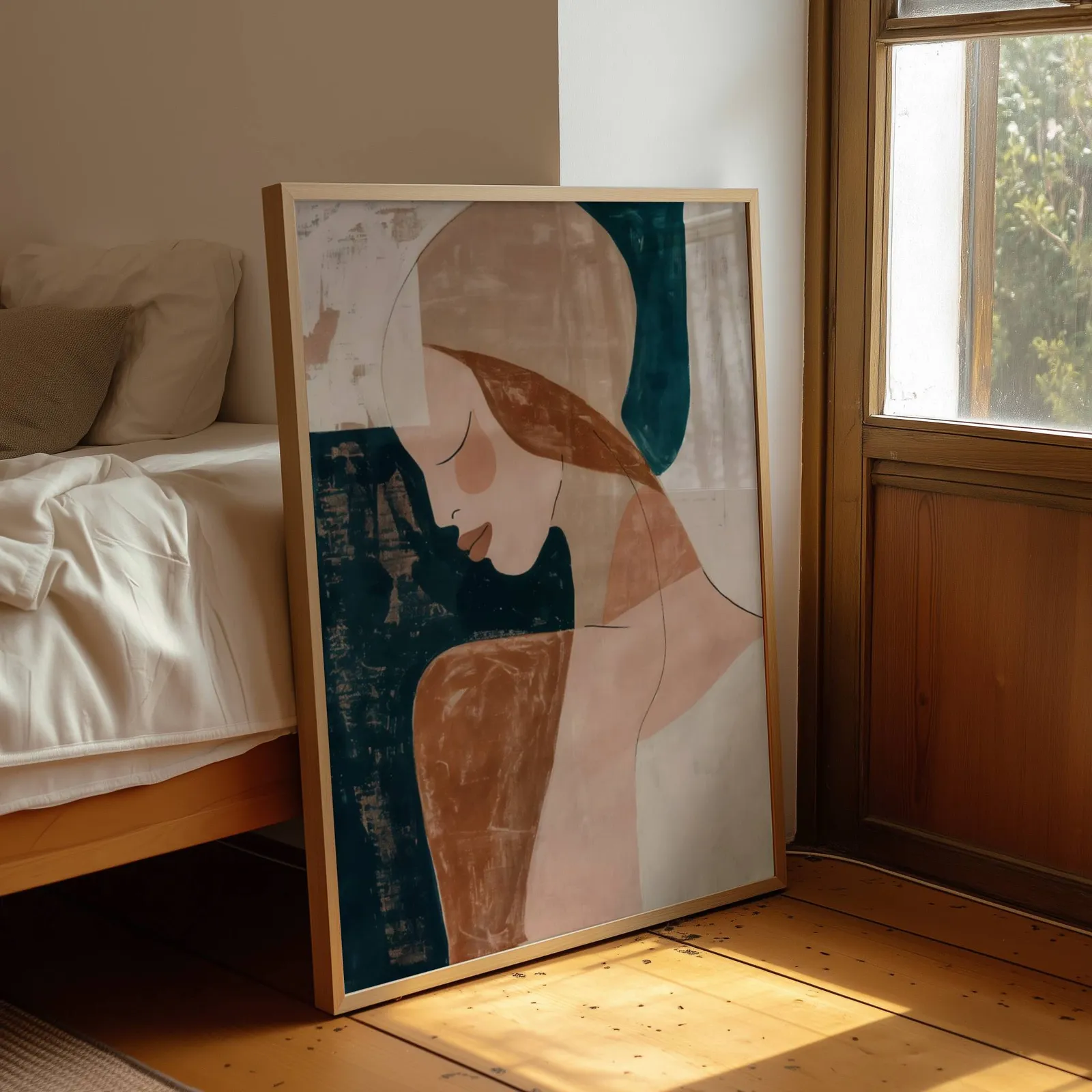 abstract terracotta woman portrait wall art, leaning by a sunlit window beside an unmade bed