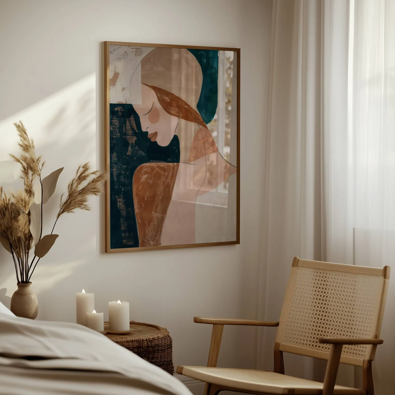 abstract terracotta woman portrait wall art, above a woven side table with lit candles and pampas grass
