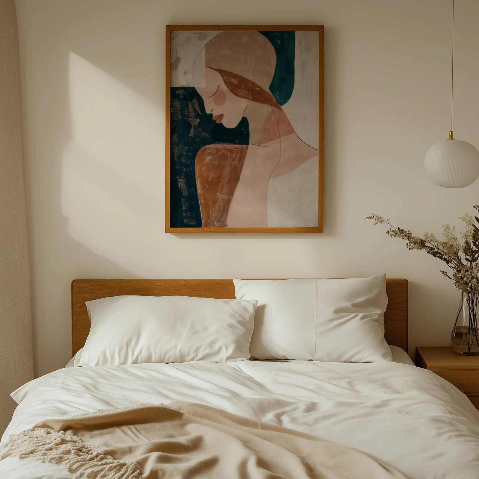 abstract terracotta woman portrait wall art, above a wooden headboard with white linen pillows