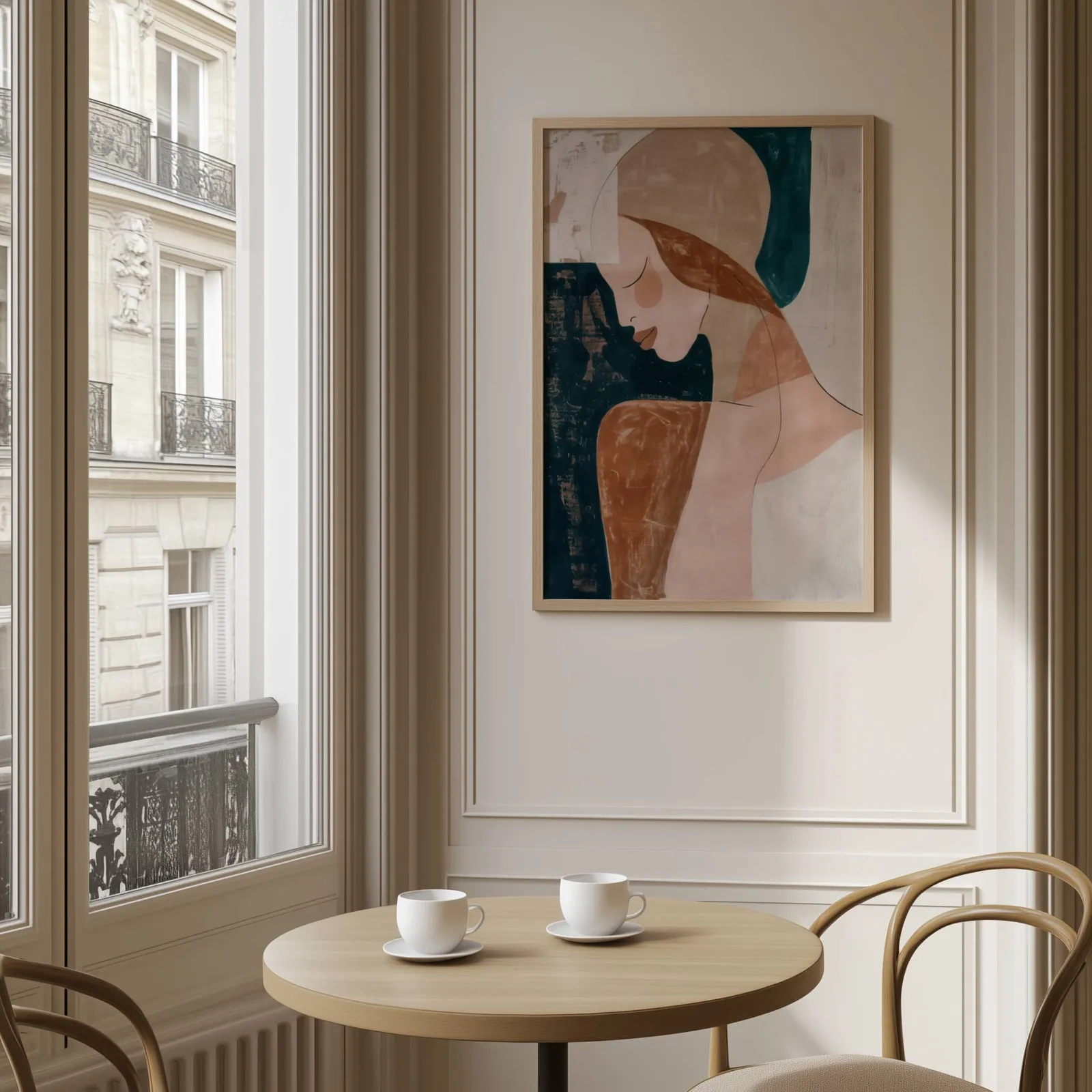 abstract terracotta woman portrait wall art, above a round café table set with two coffee cups