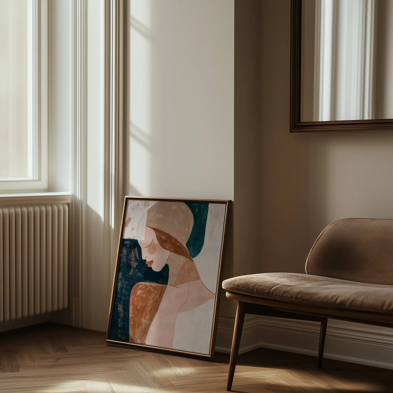 abstract terracotta woman portrait wall art, leaning against the wall beside a sunlit radiator and herringbone floor
