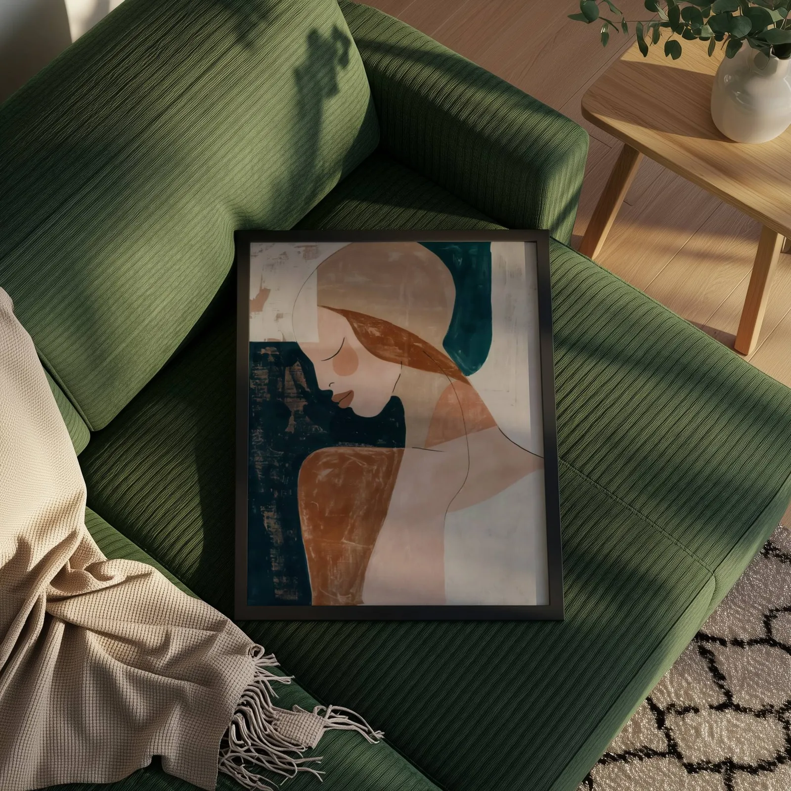 abstract terracotta woman portrait wall art, propped on a ribbed olive-green sofa beside a fringed throw