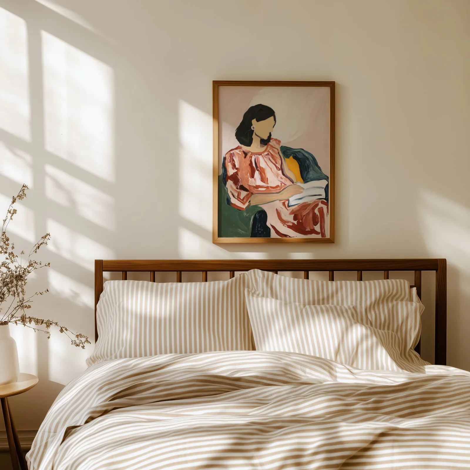 abstract woman reading portrait wall art, above a spindle headboard with striped linen bedding