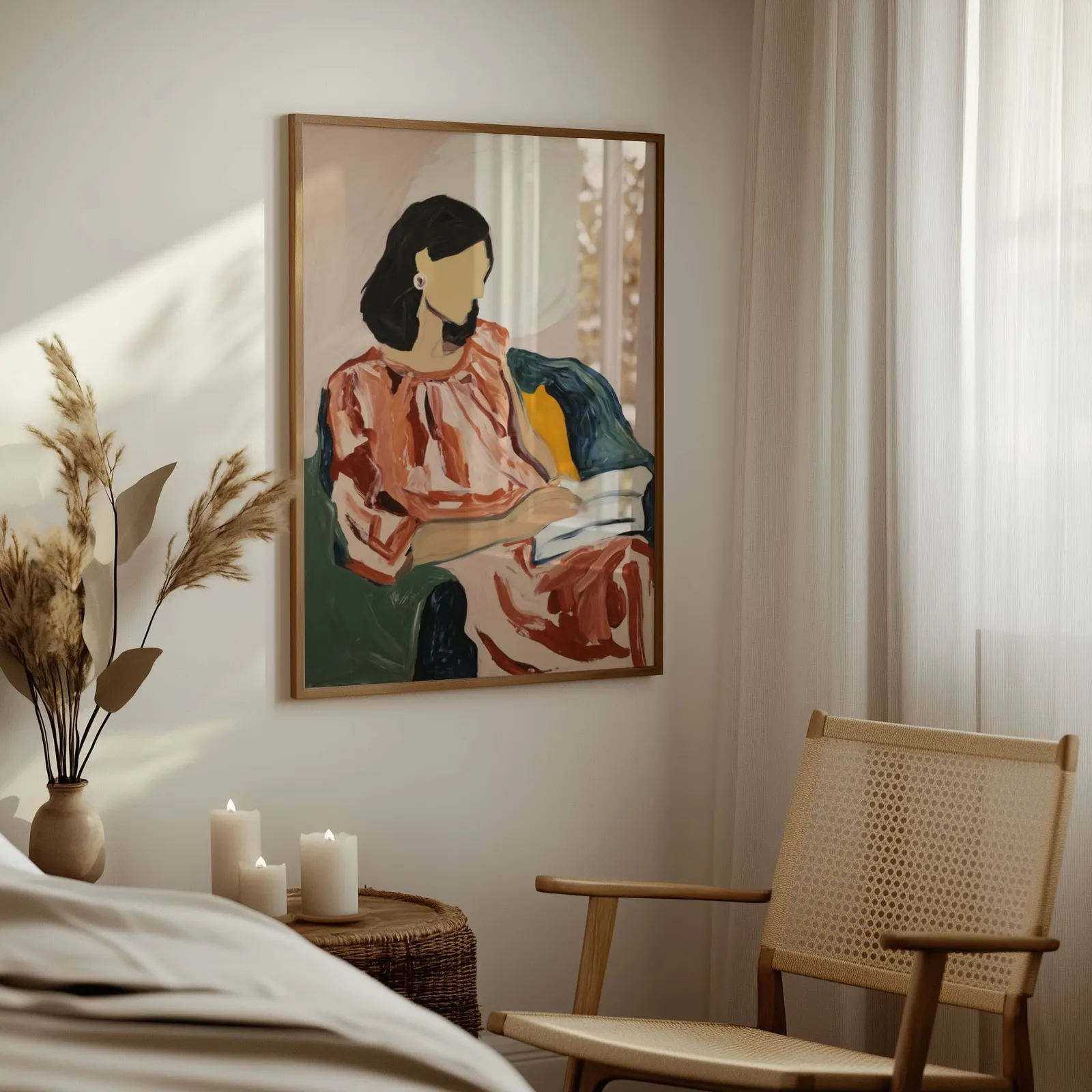 abstract woman reading portrait wall art, above a woven side table with lit candles and pampas grass