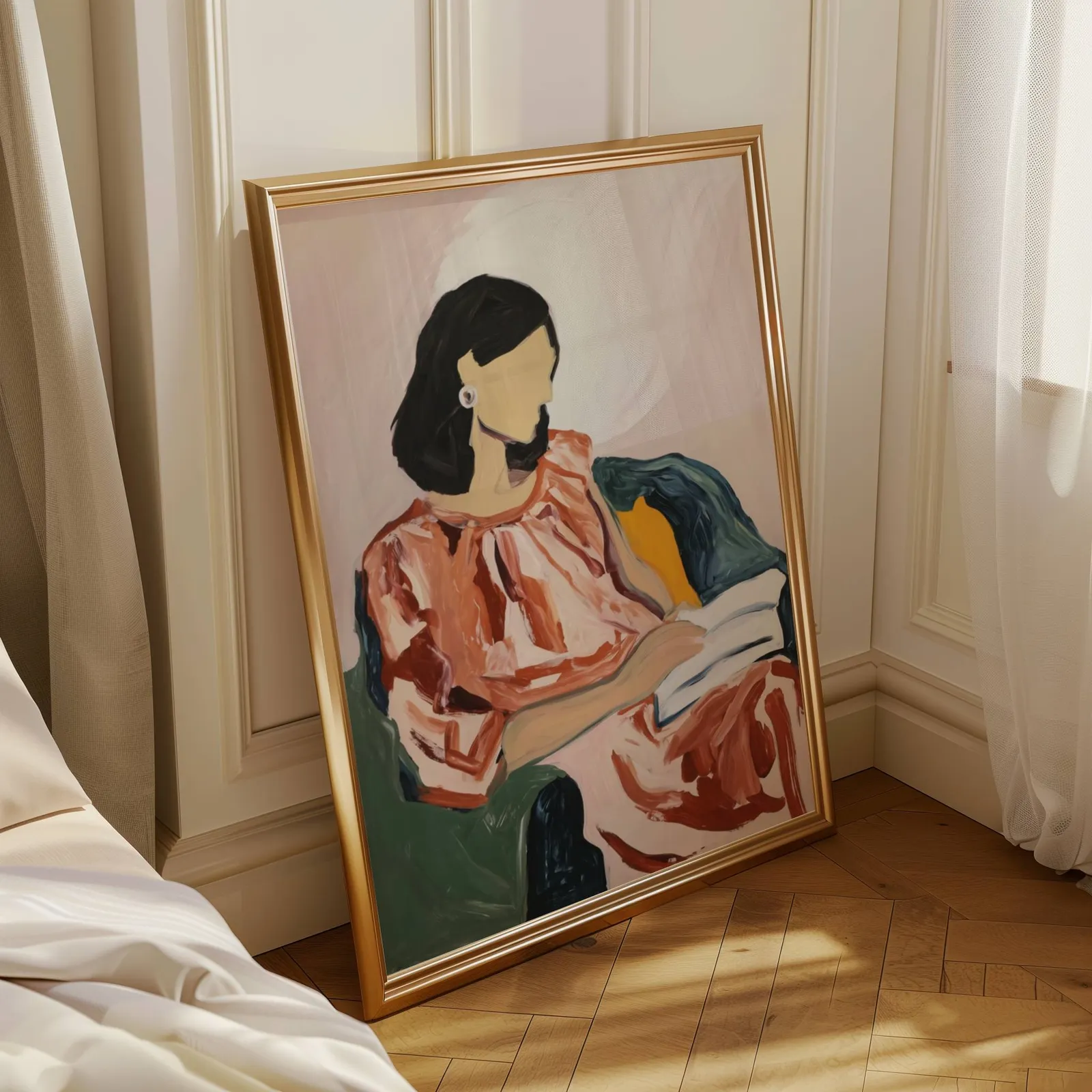 abstract woman reading portrait wall art, leaning in a sunlit corner beside sheer curtains and herringbone floor