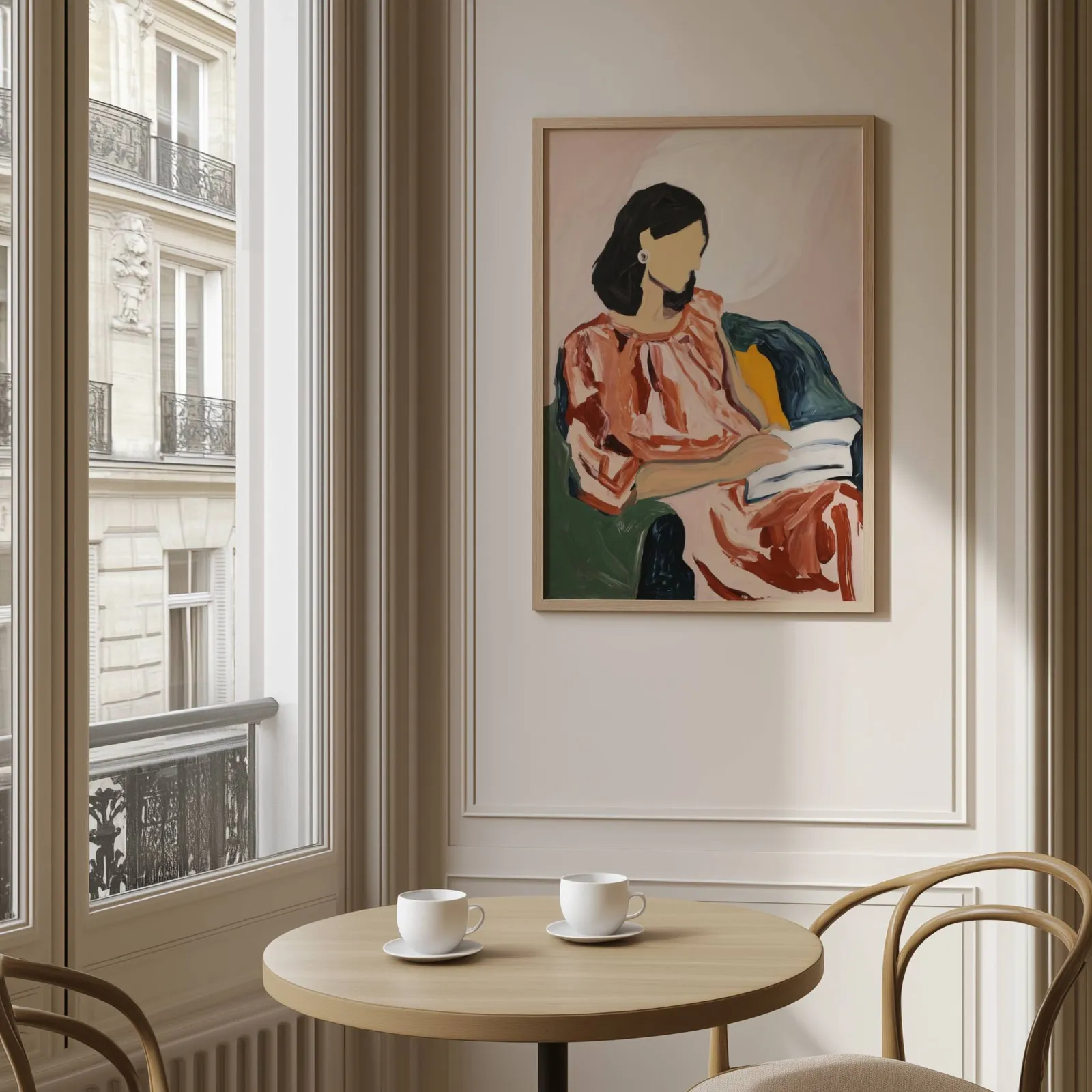 abstract woman reading portrait wall art, above a round café table set with two coffee cups