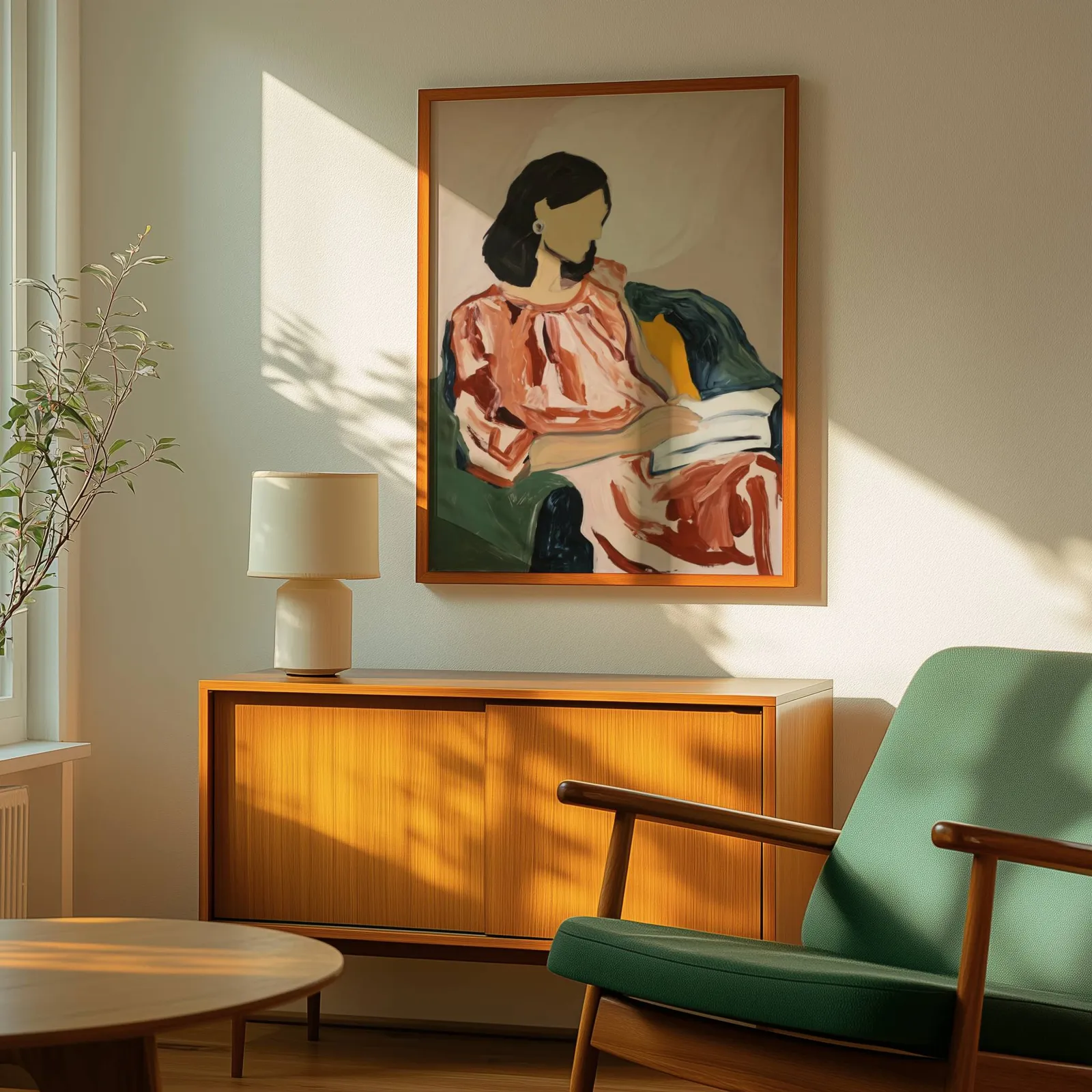 abstract woman reading portrait wall art, above a wooden sideboard with a ceramic lamp and dappled sunlight