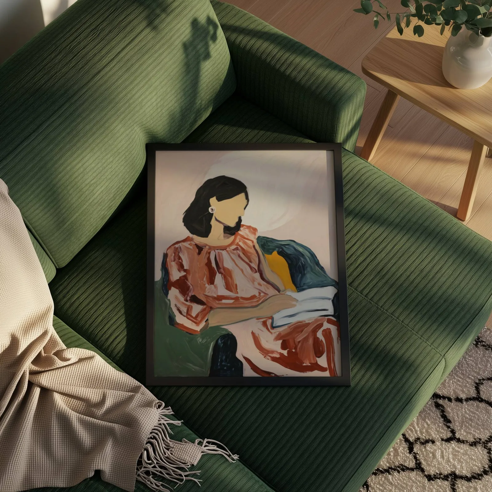 abstract woman reading portrait wall art, propped on a ribbed olive-green sofa beside a fringed throw