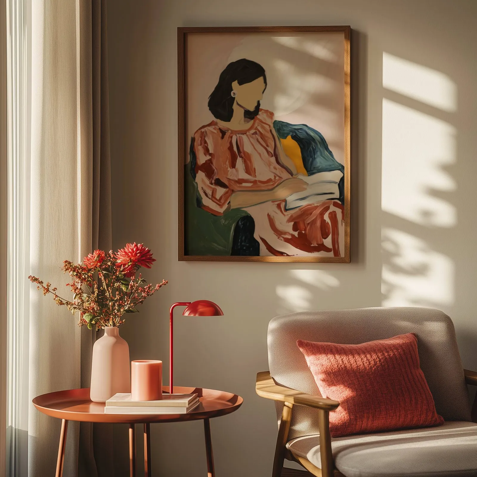 abstract woman reading portrait wall art, above a round side table with a red lamp and dahlias