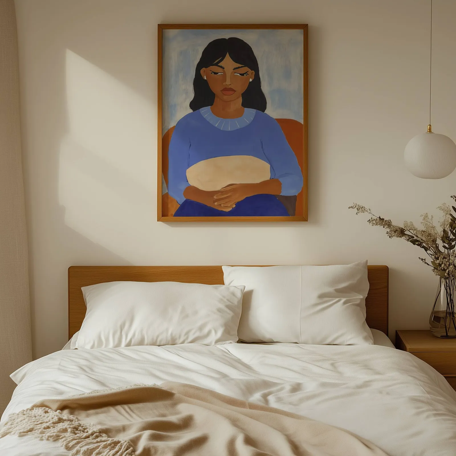 blue portrait wall art of seated woman, above a wooden headboard with white linen pillows