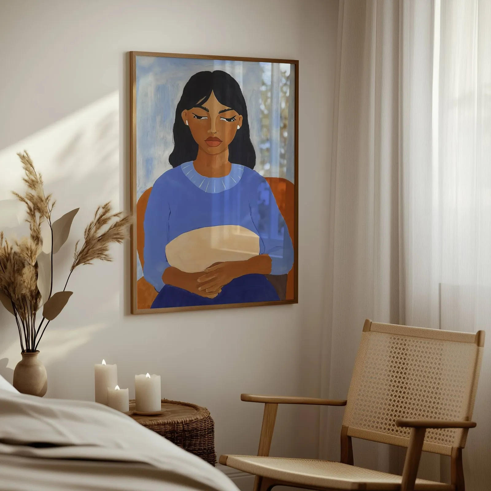 blue portrait wall art of seated woman, above a woven side table with lit candles and pampas grass