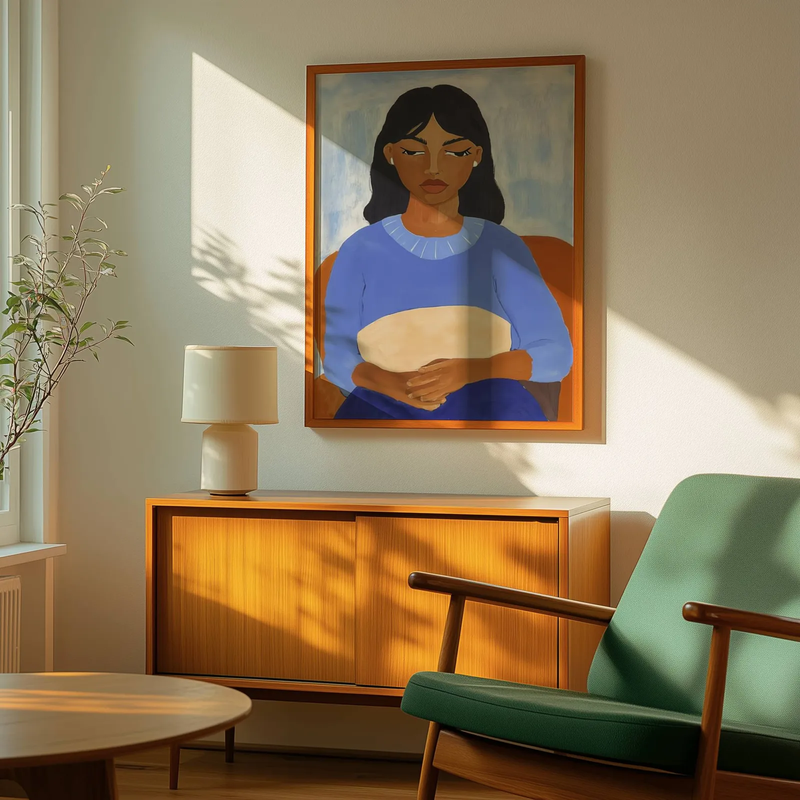 blue portrait wall art of seated woman, above a wooden sideboard with a ceramic lamp and dappled sunlight