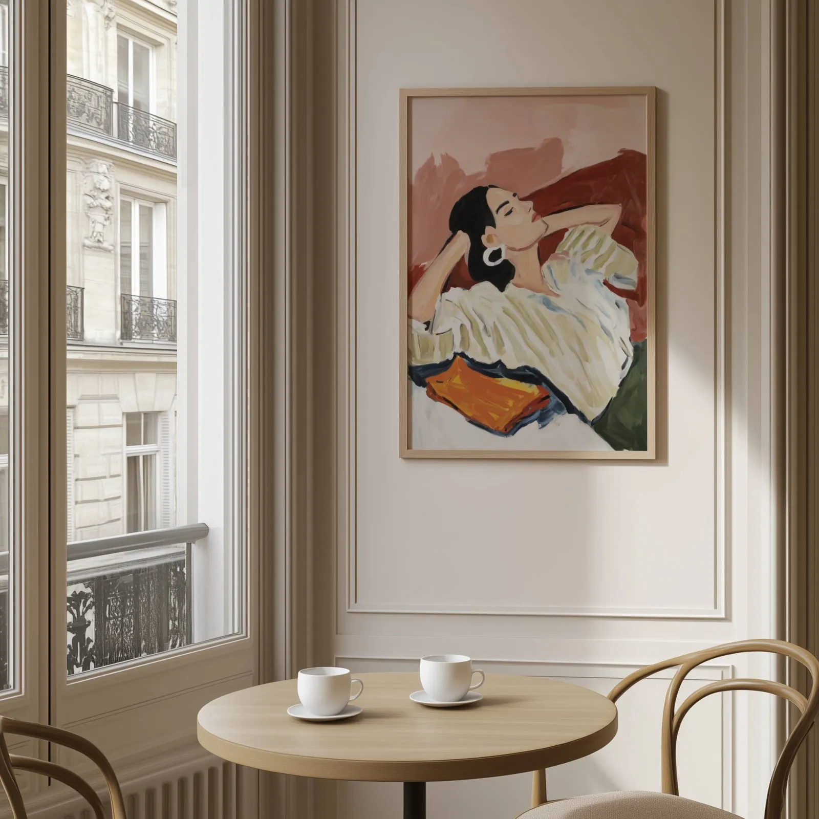 terracotta reclining woman portrait wall art, above a round café table set with two coffee cups
