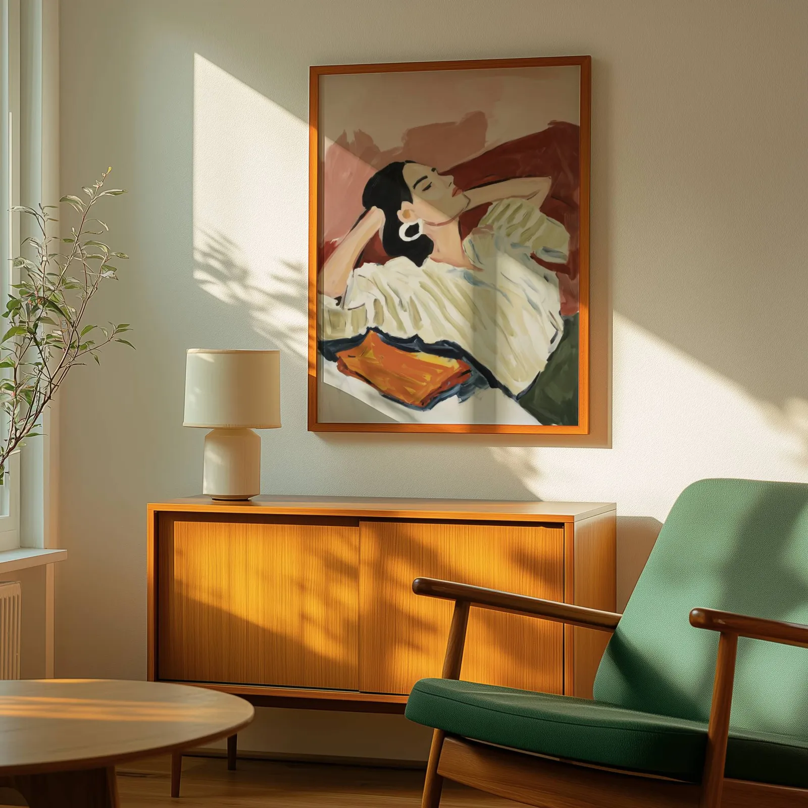 terracotta reclining woman portrait wall art, above a wooden sideboard with a ceramic lamp and dappled sunlight