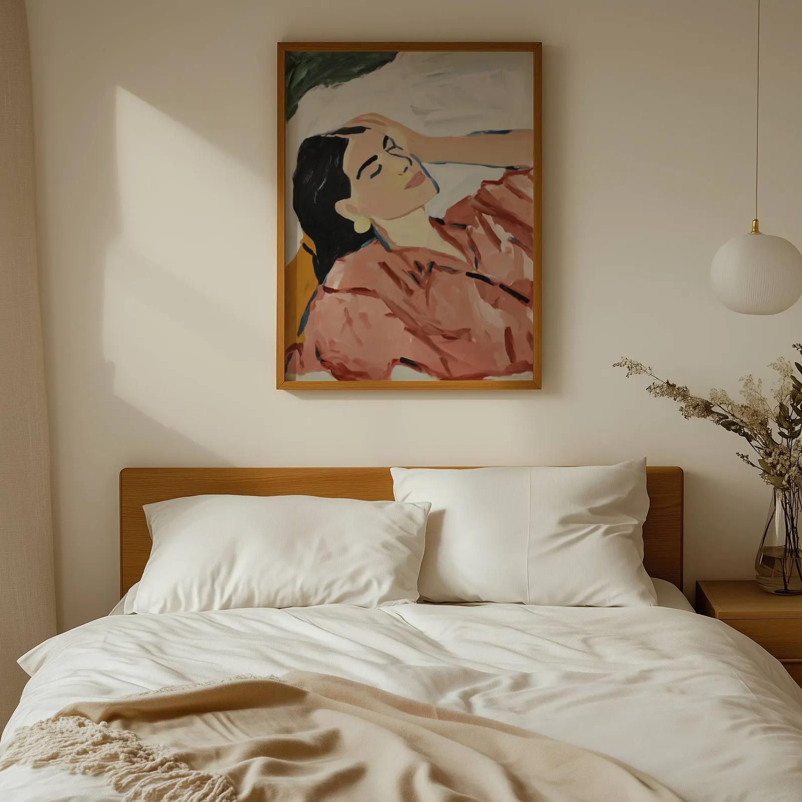 terracotta abstract woman wall art, above a wooden headboard with white linen pillows