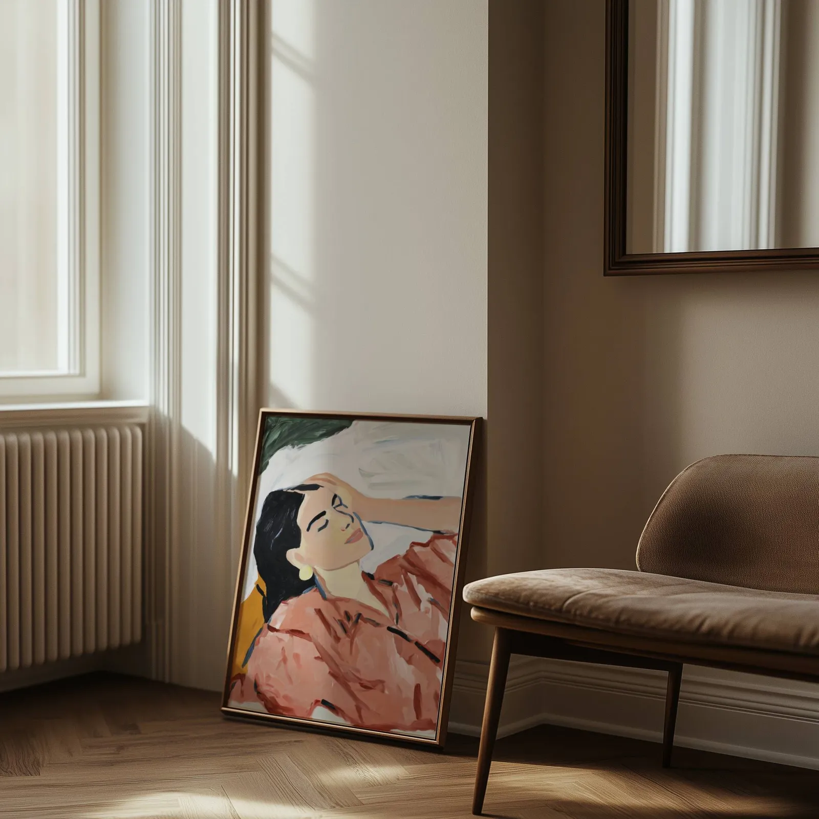 terracotta abstract woman wall art, leaning against the wall beside a sunlit radiator and herringbone floor