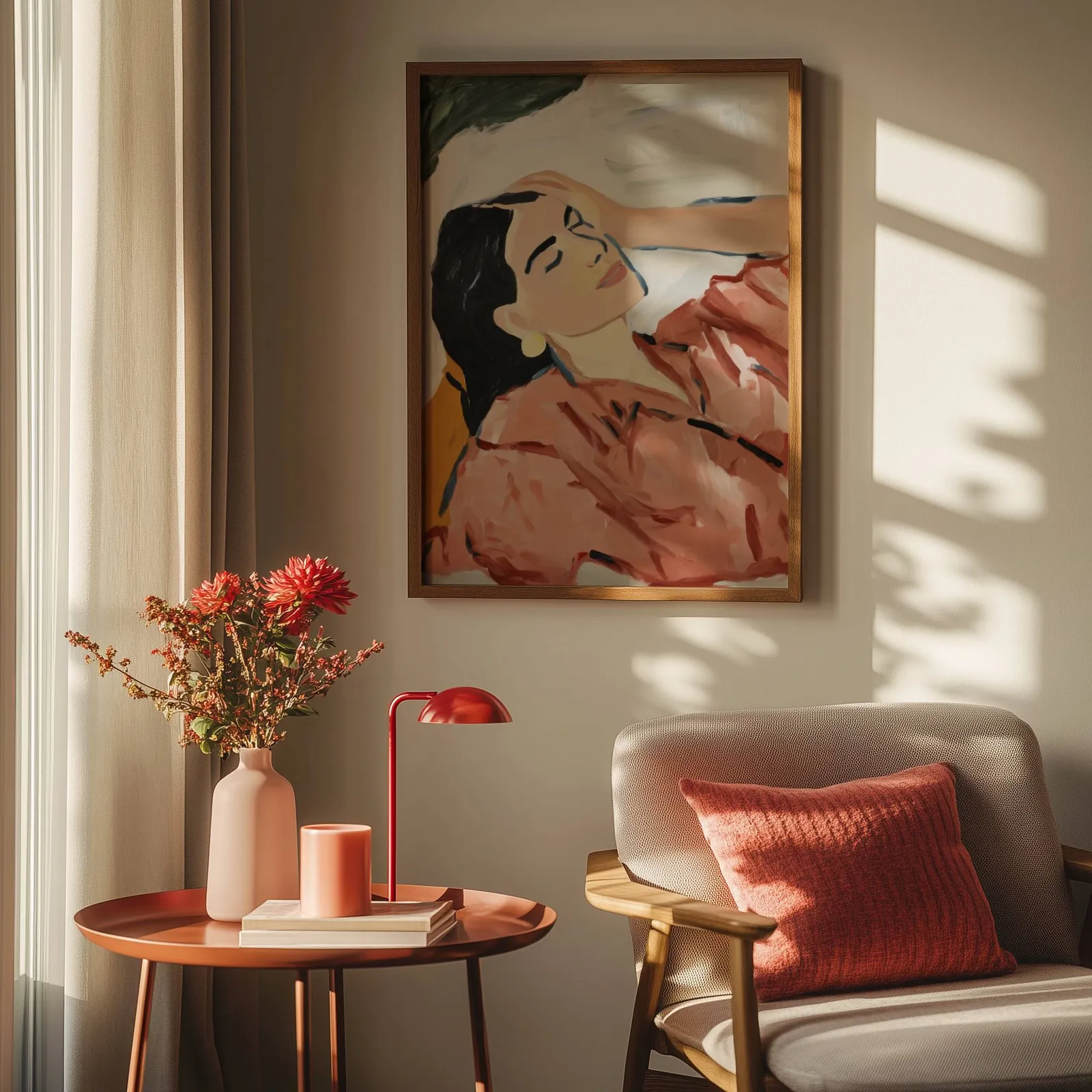 terracotta abstract woman wall art, above a round side table with a red lamp and dahlias
