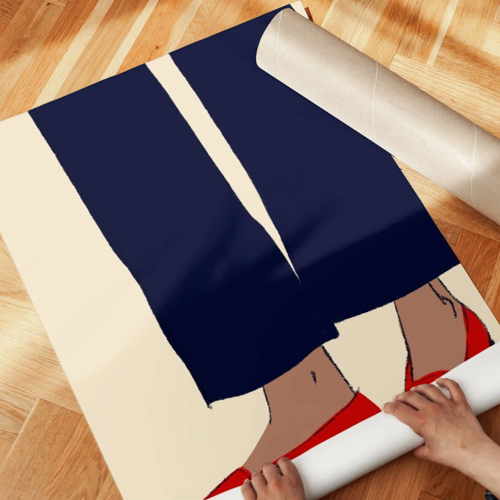 red loafers navy trousers fashion wall art, unrolled across a herringbone parquet floor by hand