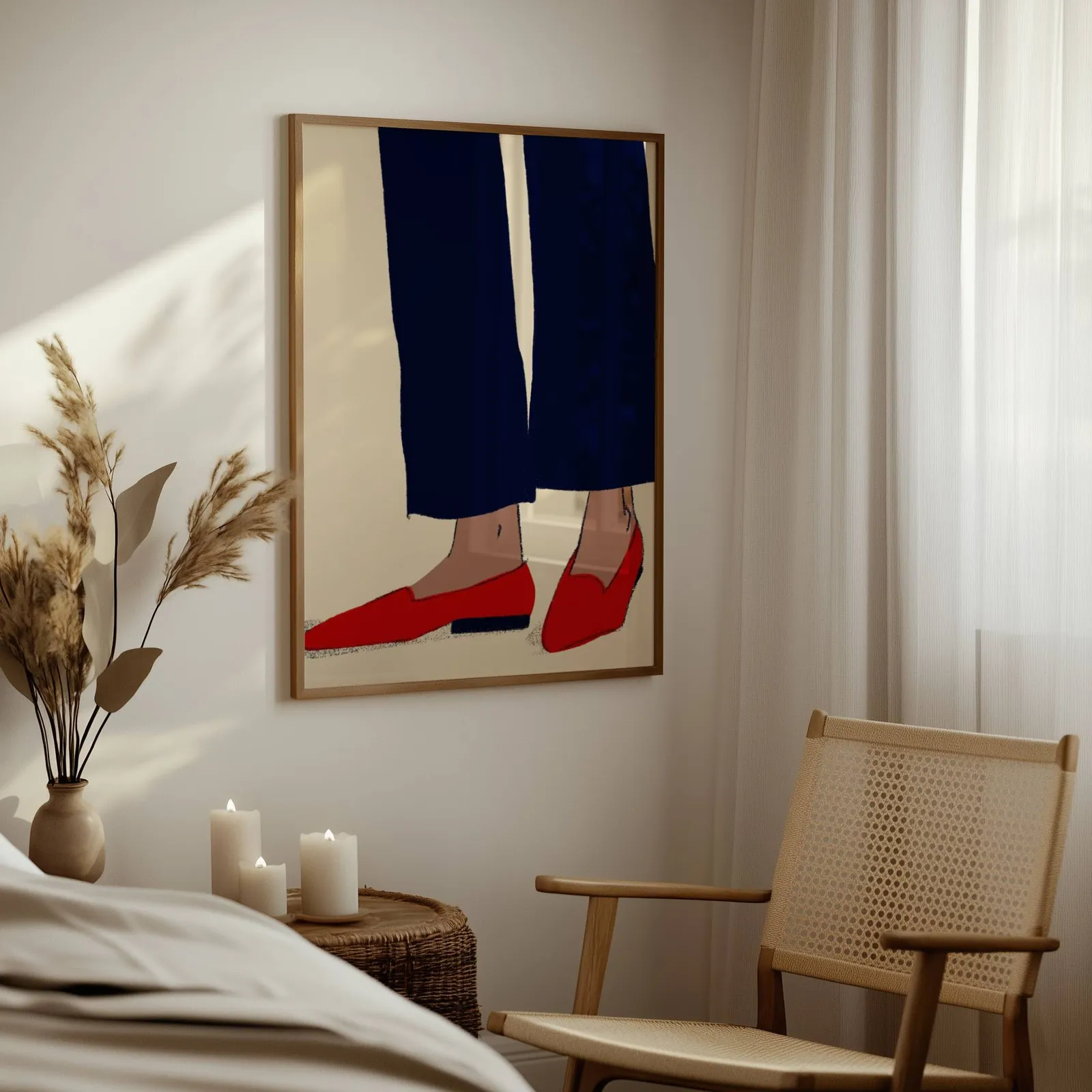 red loafers navy trousers fashion wall art, above a woven side table with lit candles and pampas grass