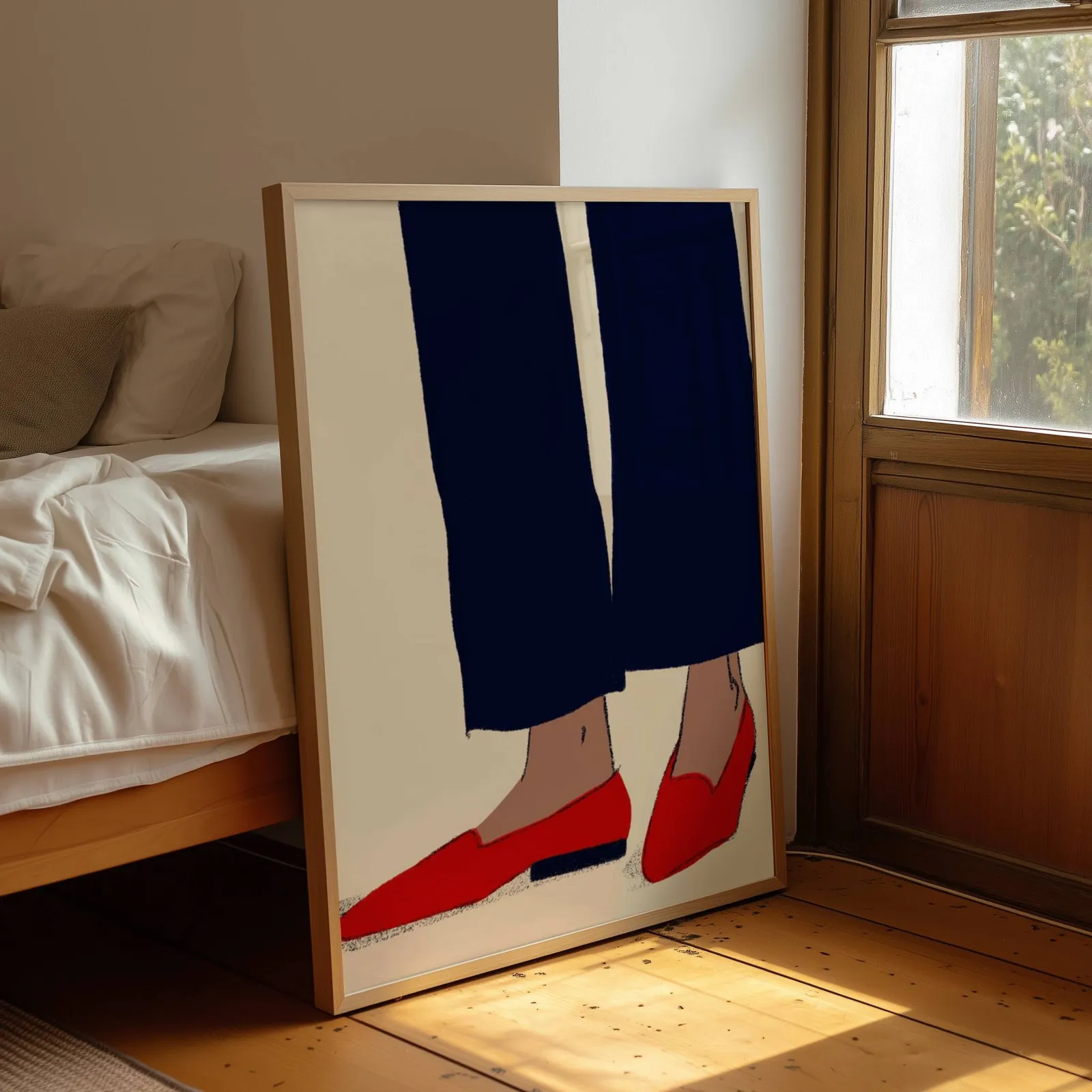 red loafers navy trousers fashion wall art, leaning by a sunlit window beside an unmade bed