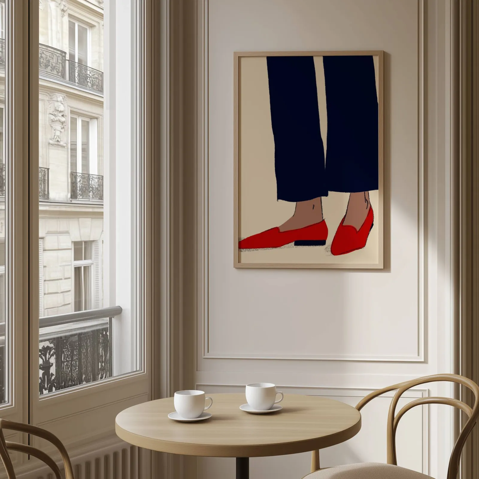red loafers navy trousers fashion wall art, above a round café table set with two coffee cups