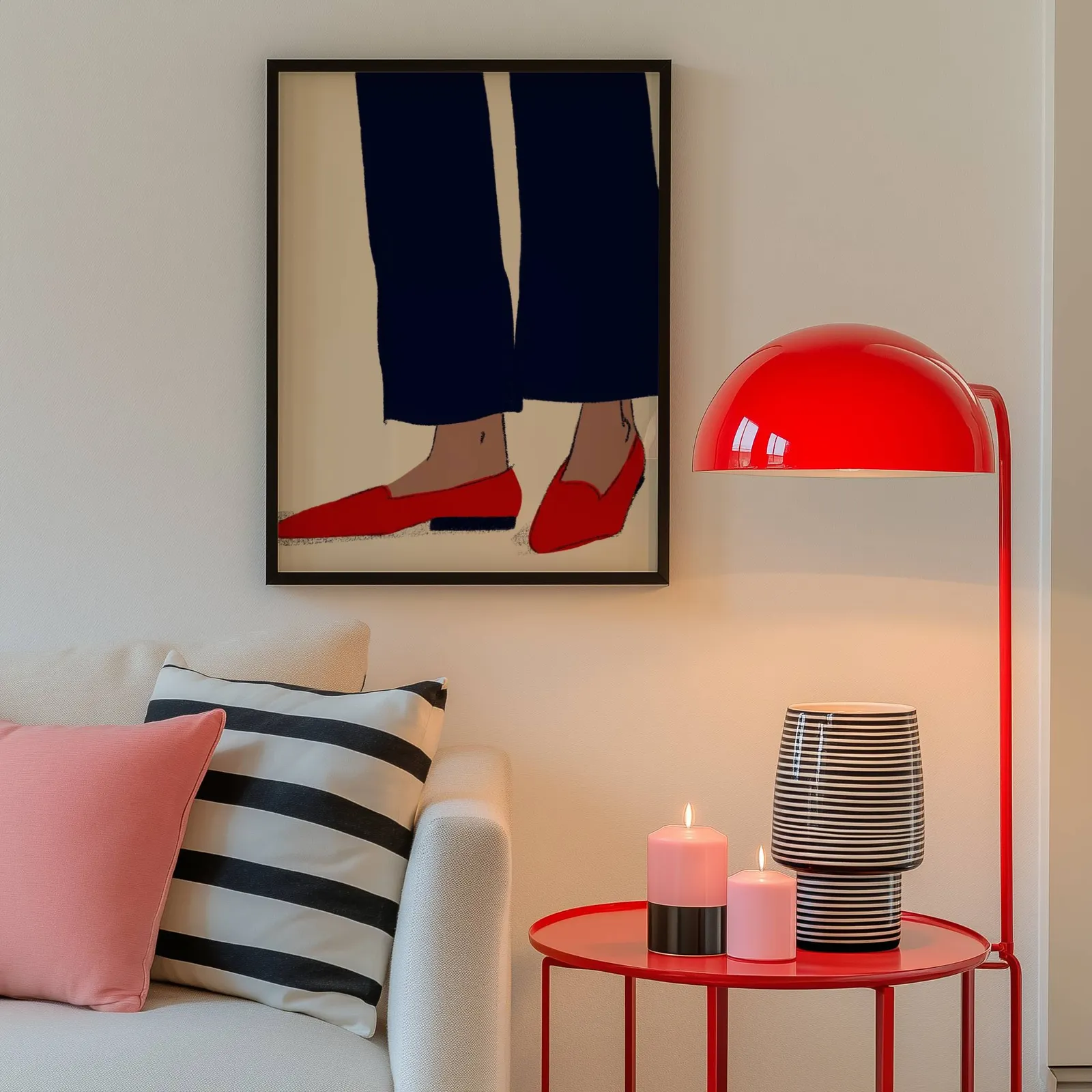 red loafers navy trousers fashion wall art, above a cream sofa beside a glossy red dome lamp