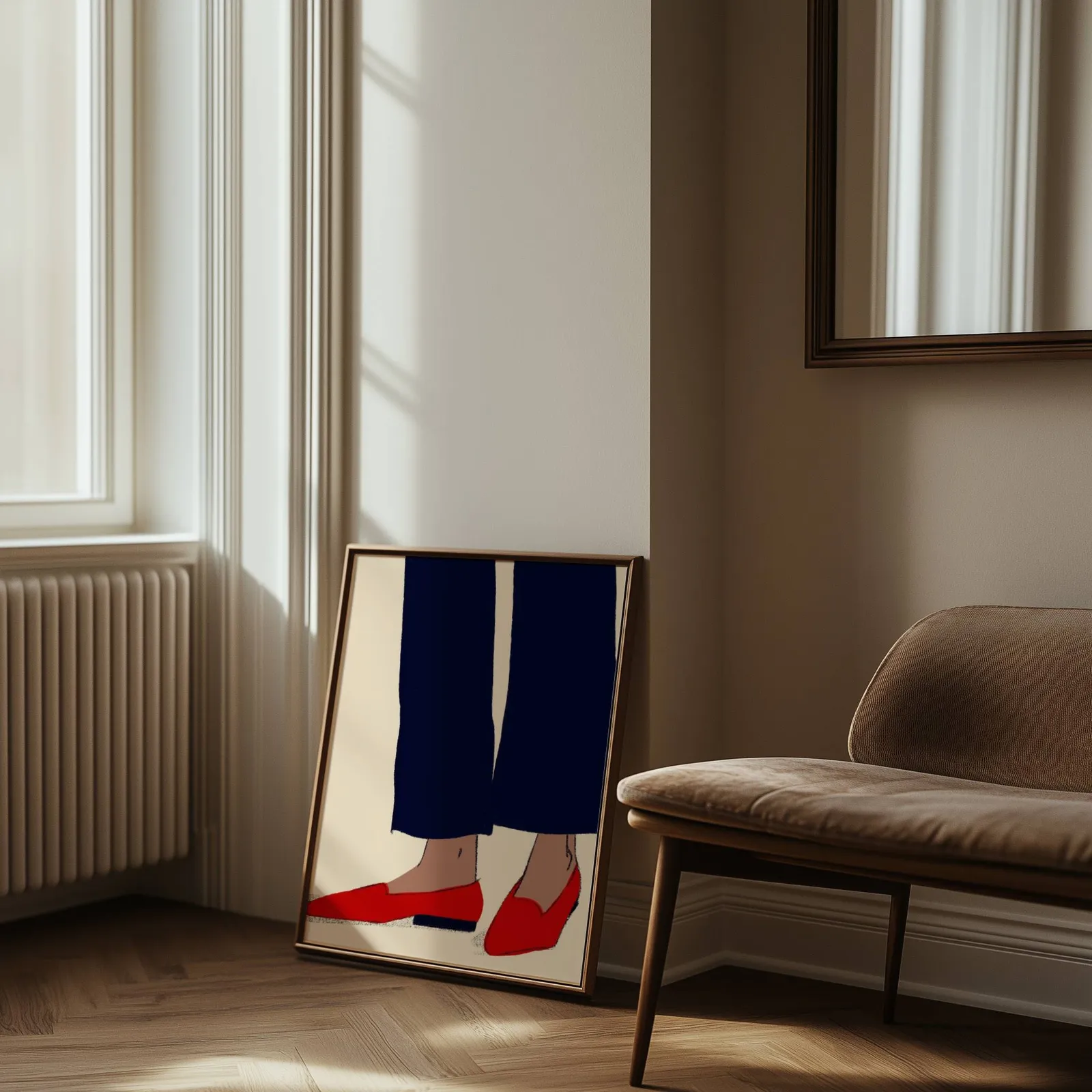 red loafers navy trousers fashion wall art, leaning against the wall beside a sunlit radiator and herringbone floor