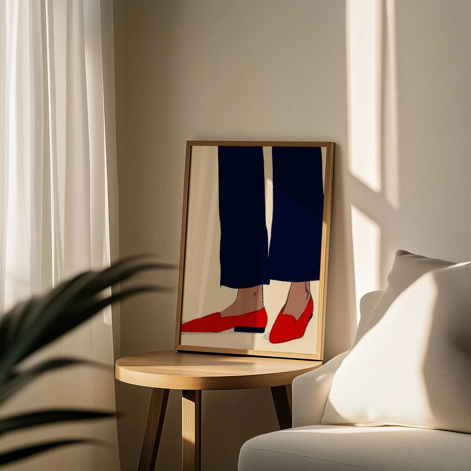 red loafers navy trousers fashion wall art, leaning on a round wooden side table by a sheer curtain