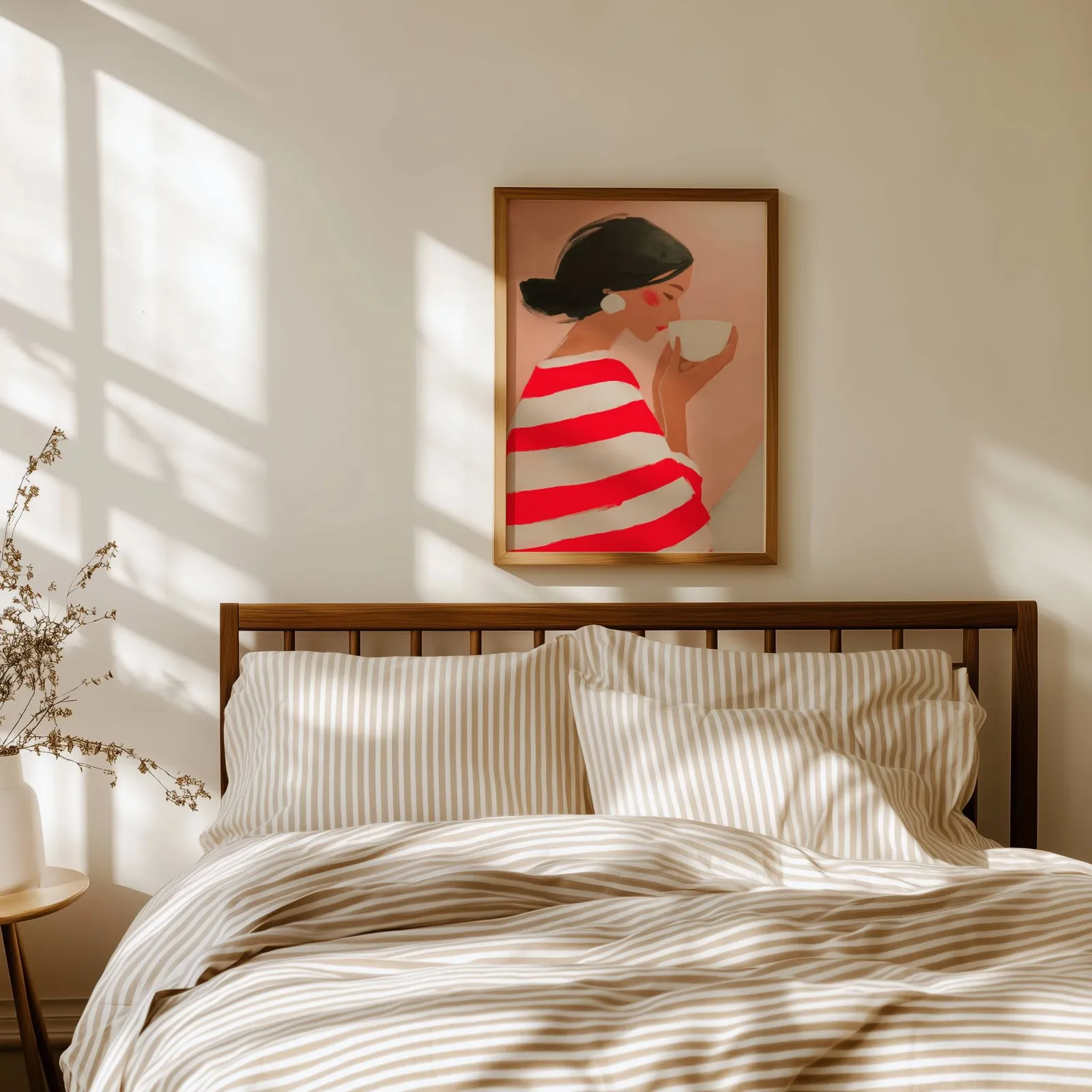 woman drinking coffee in red striped top wall art, above a spindle headboard with striped linen bedding