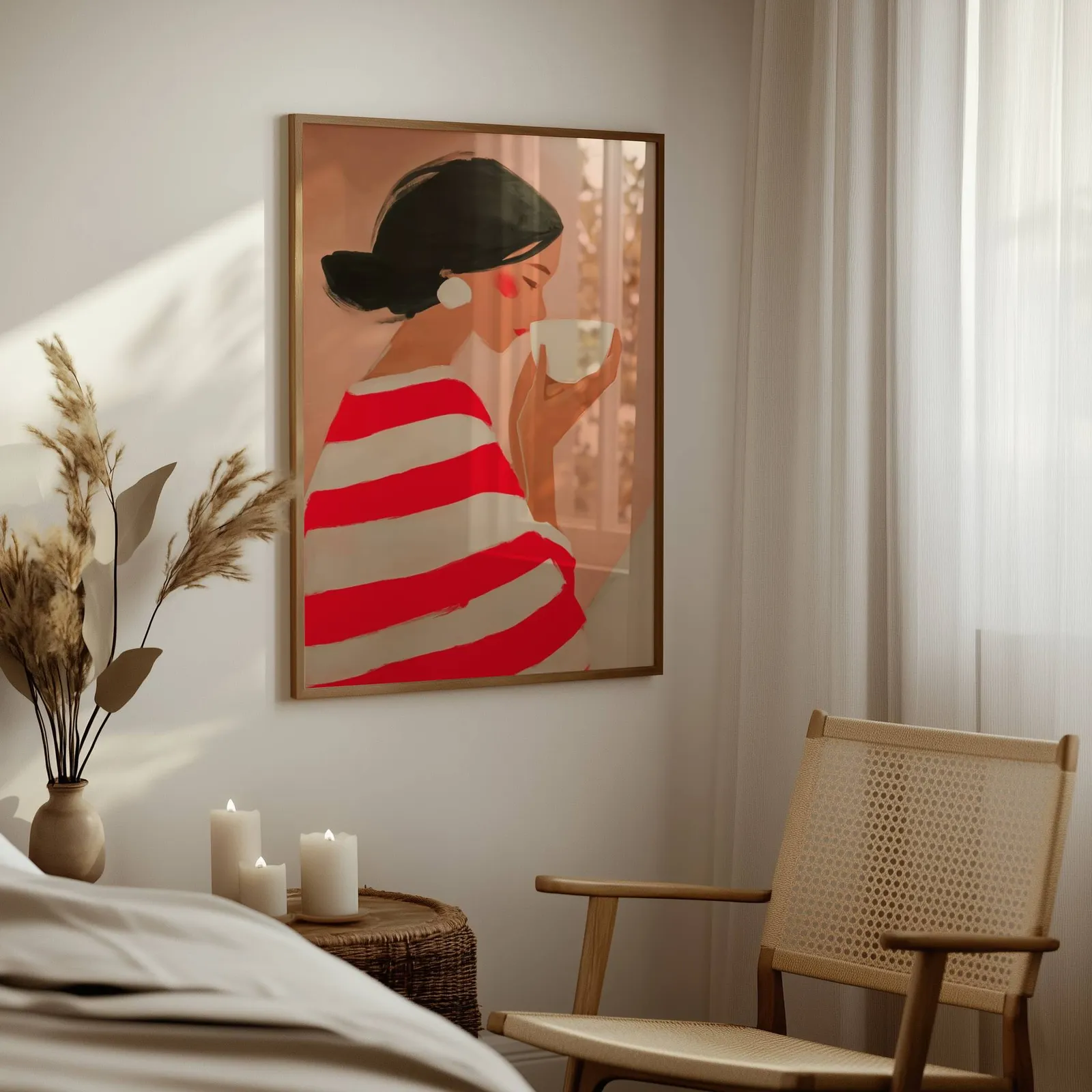 woman drinking coffee in red striped top wall art, above a woven side table with lit candles and pampas grass