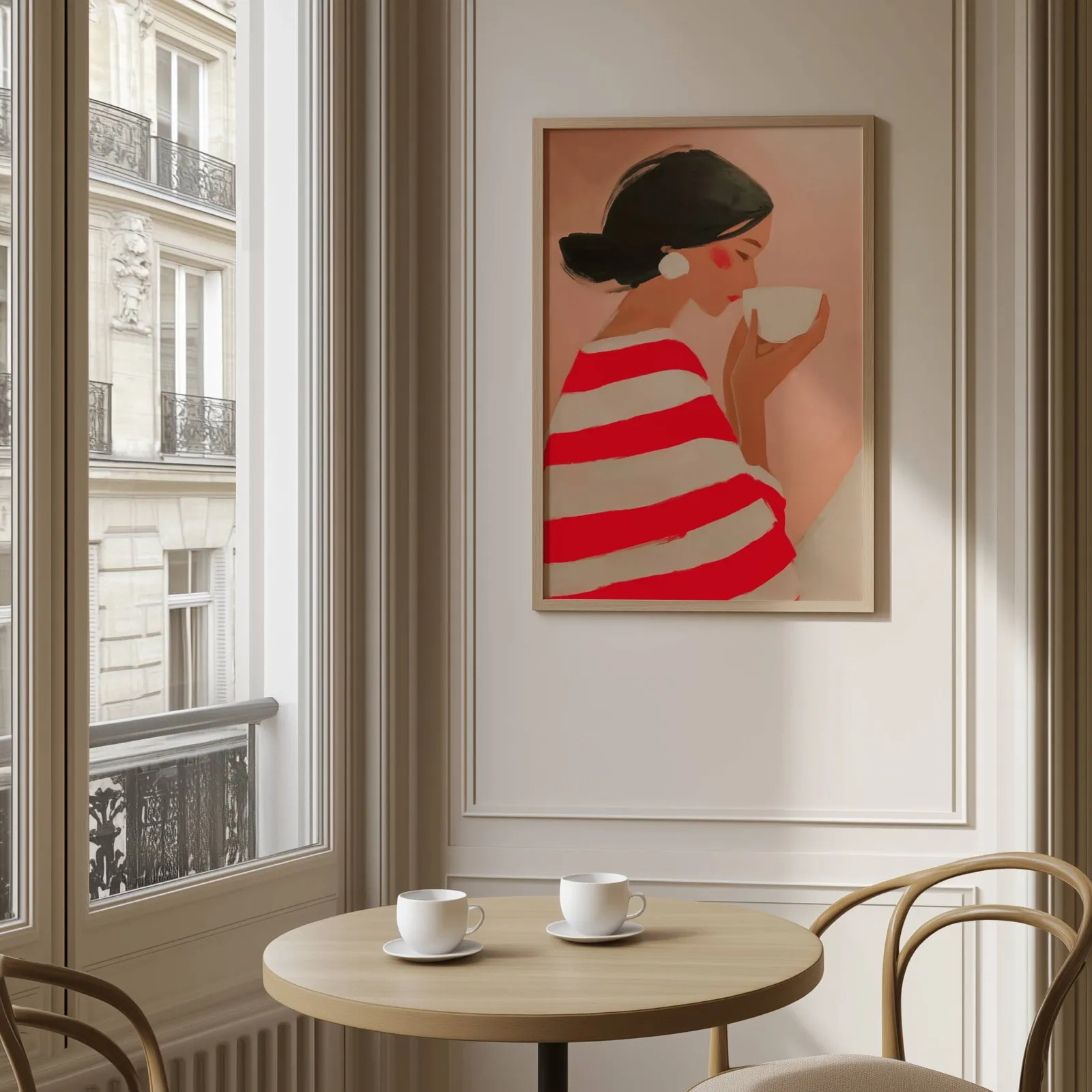 woman drinking coffee in red striped top wall art, above a round café table set with two coffee cups