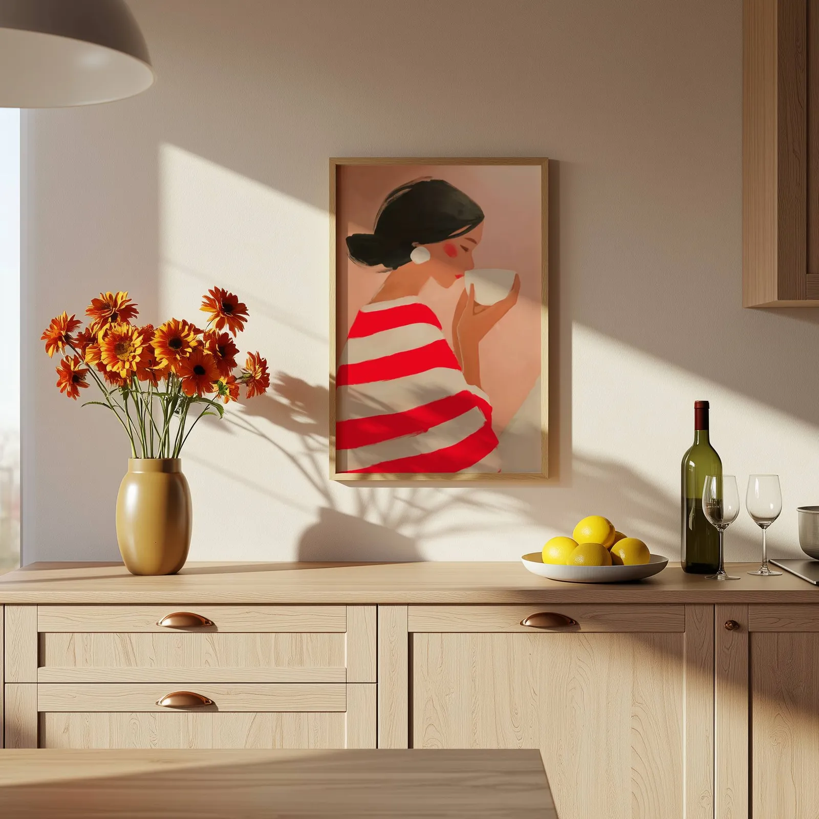 woman drinking coffee in red striped top wall art, above a wooden counter with a bowl of lemons