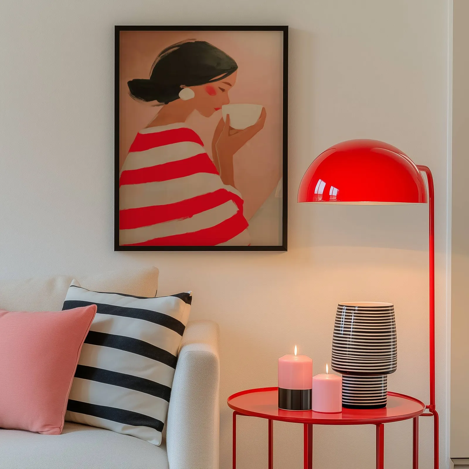 woman drinking coffee in red striped top wall art, above a cream sofa beside a glossy red dome lamp