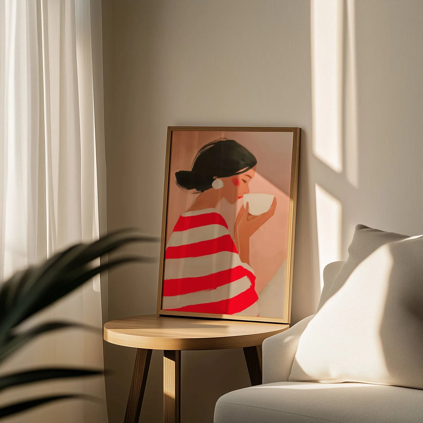 woman drinking coffee in red striped top wall art, leaning on a round wooden side table by a sheer curtain