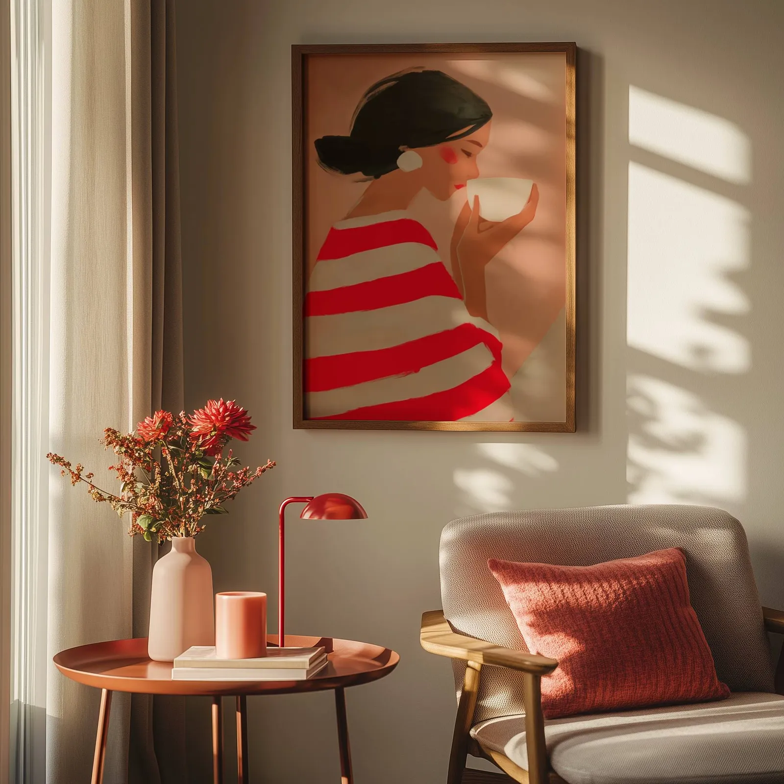 woman drinking coffee in red striped top wall art, above a round side table with a red lamp and dahlias
