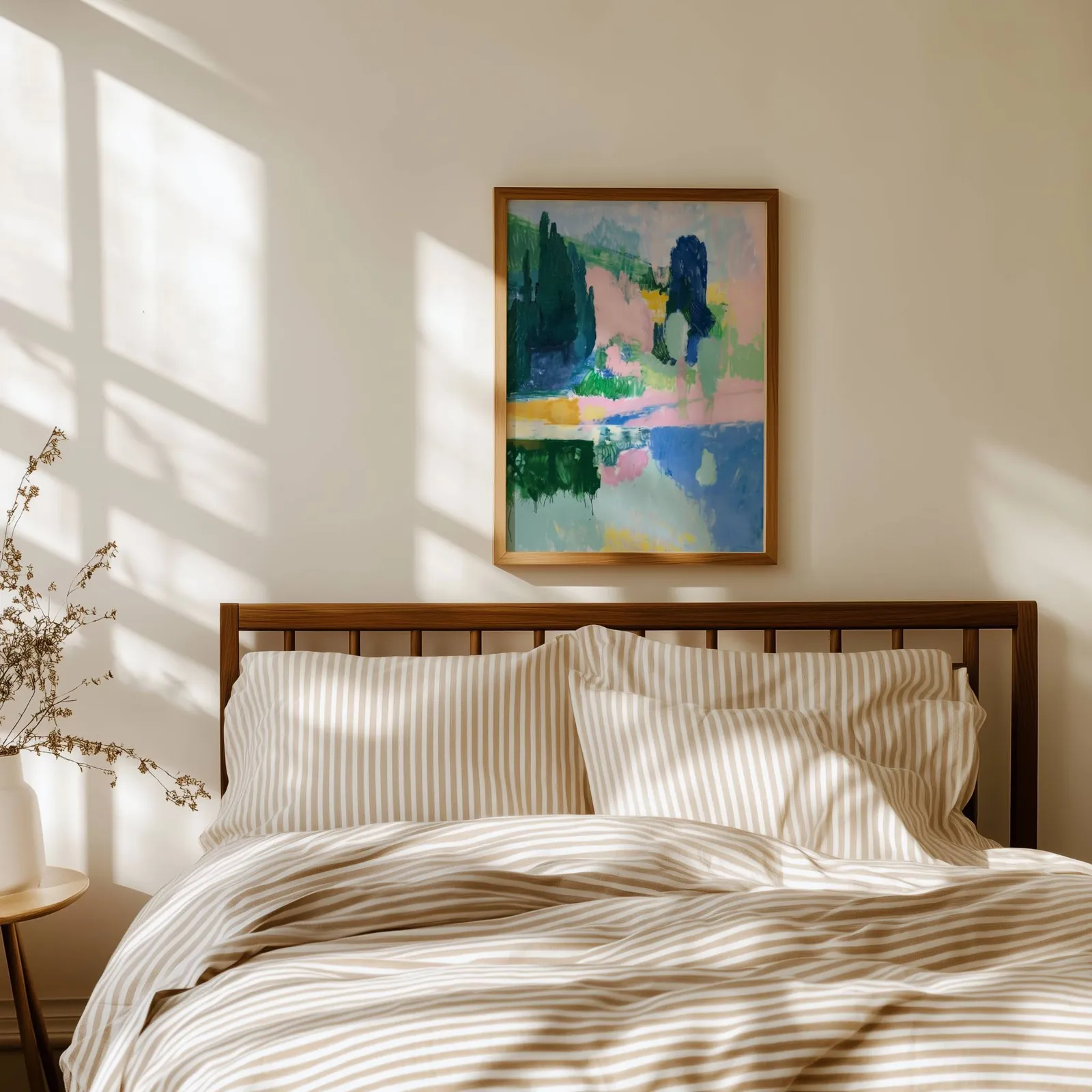 pink and green abstract landscape wall art, above a spindle headboard with striped linen bedding