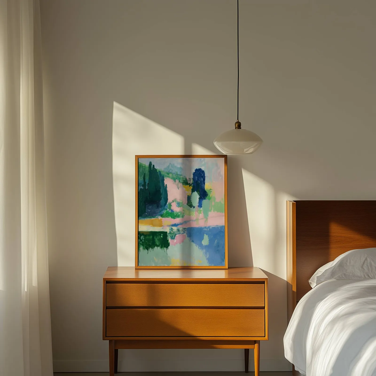 pink and green abstract landscape wall art, propped on a wooden dresser beside a pendant lamp