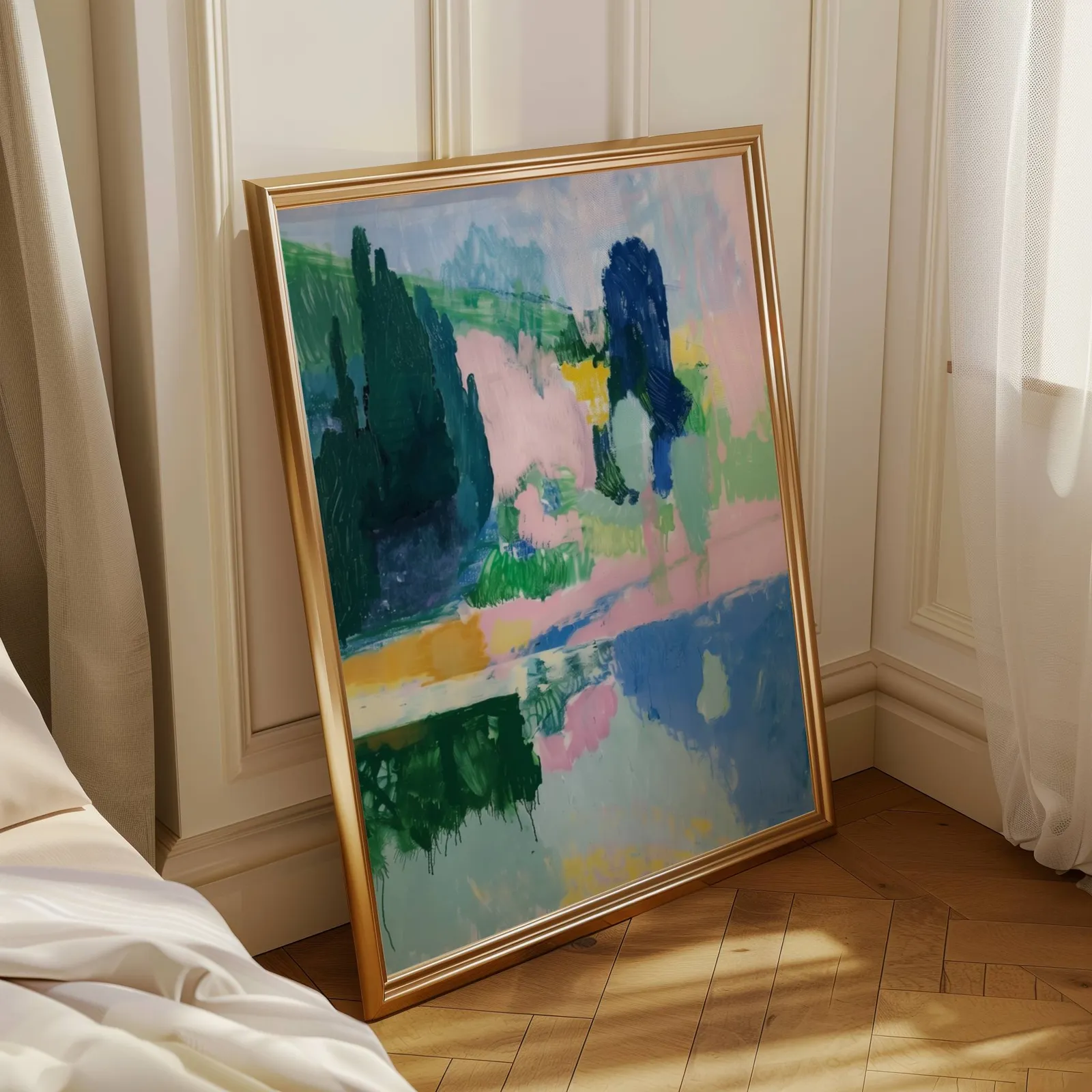pink and green abstract landscape wall art, leaning in a sunlit corner beside sheer curtains and herringbone floor