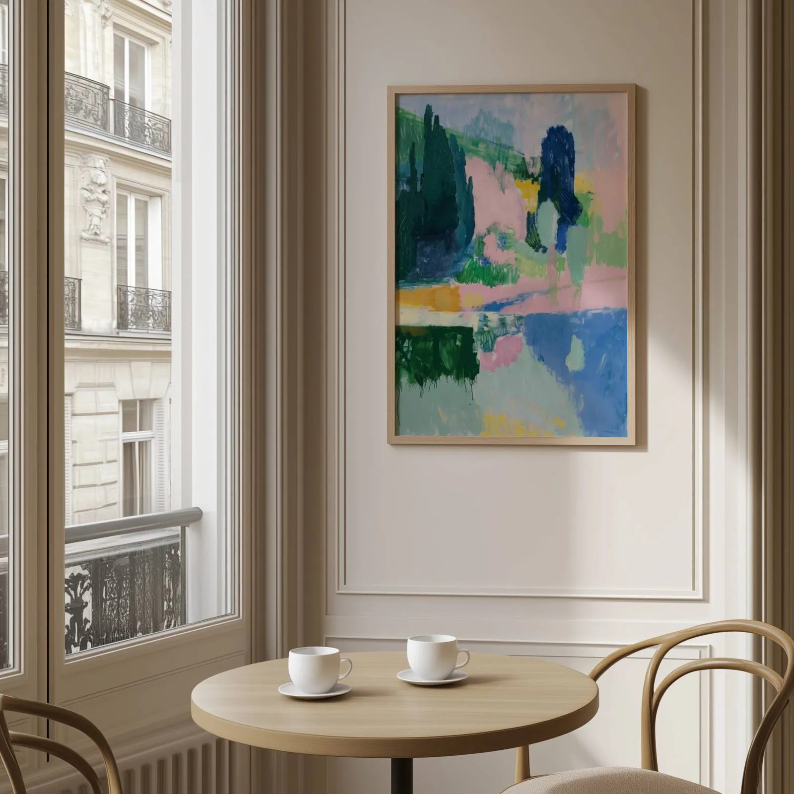 pink and green abstract landscape wall art, above a round café table set with two coffee cups