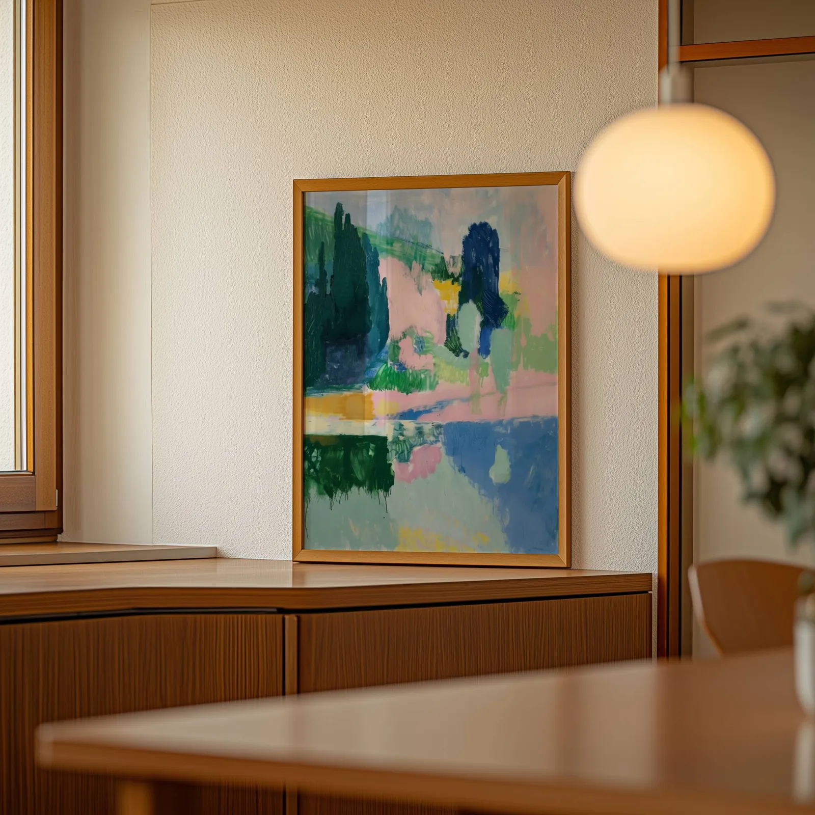 pink and green abstract landscape wall art, leaning on a wooden sideboard beside a glowing globe pendant