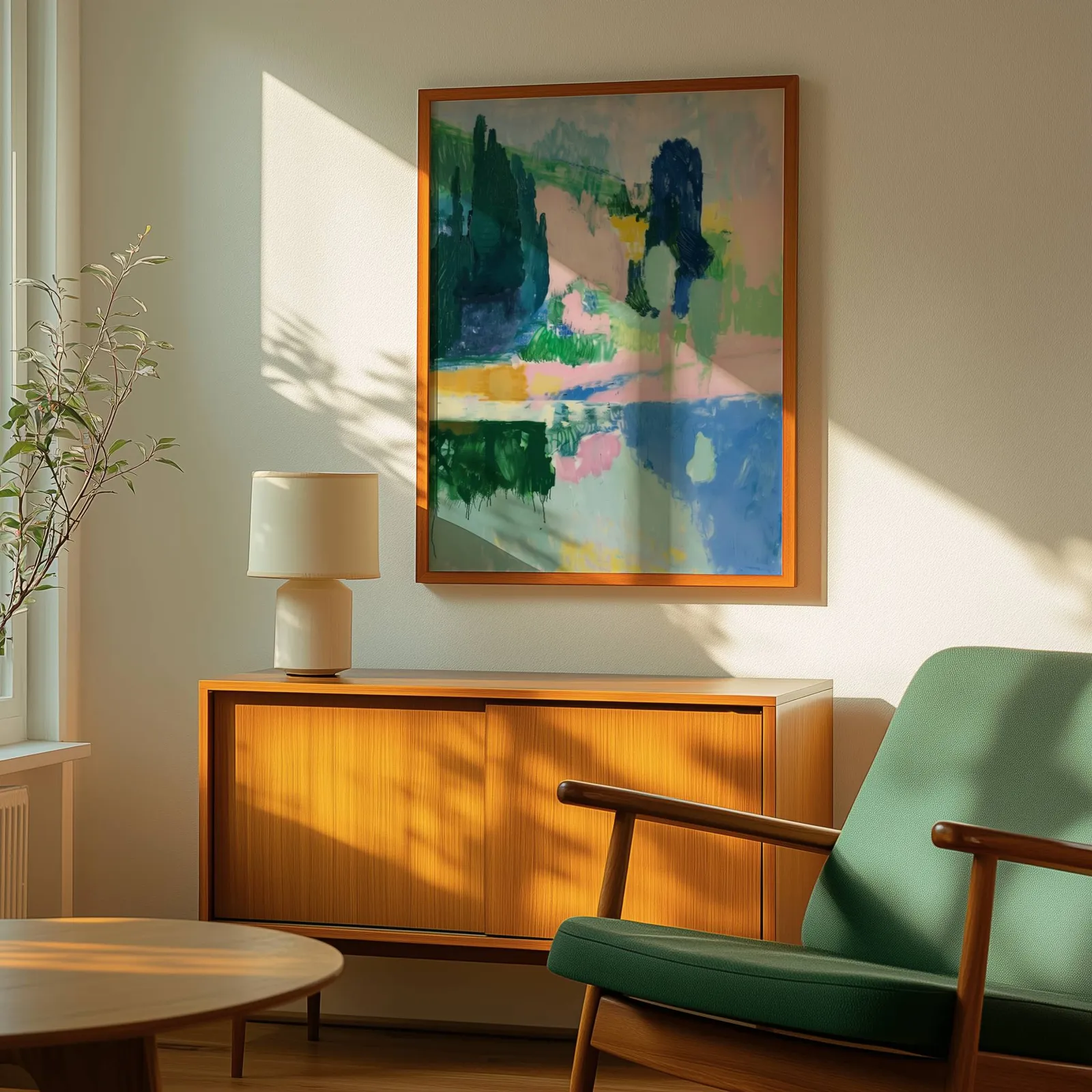 pink and green abstract landscape wall art, above a wooden sideboard with a ceramic lamp and dappled sunlight