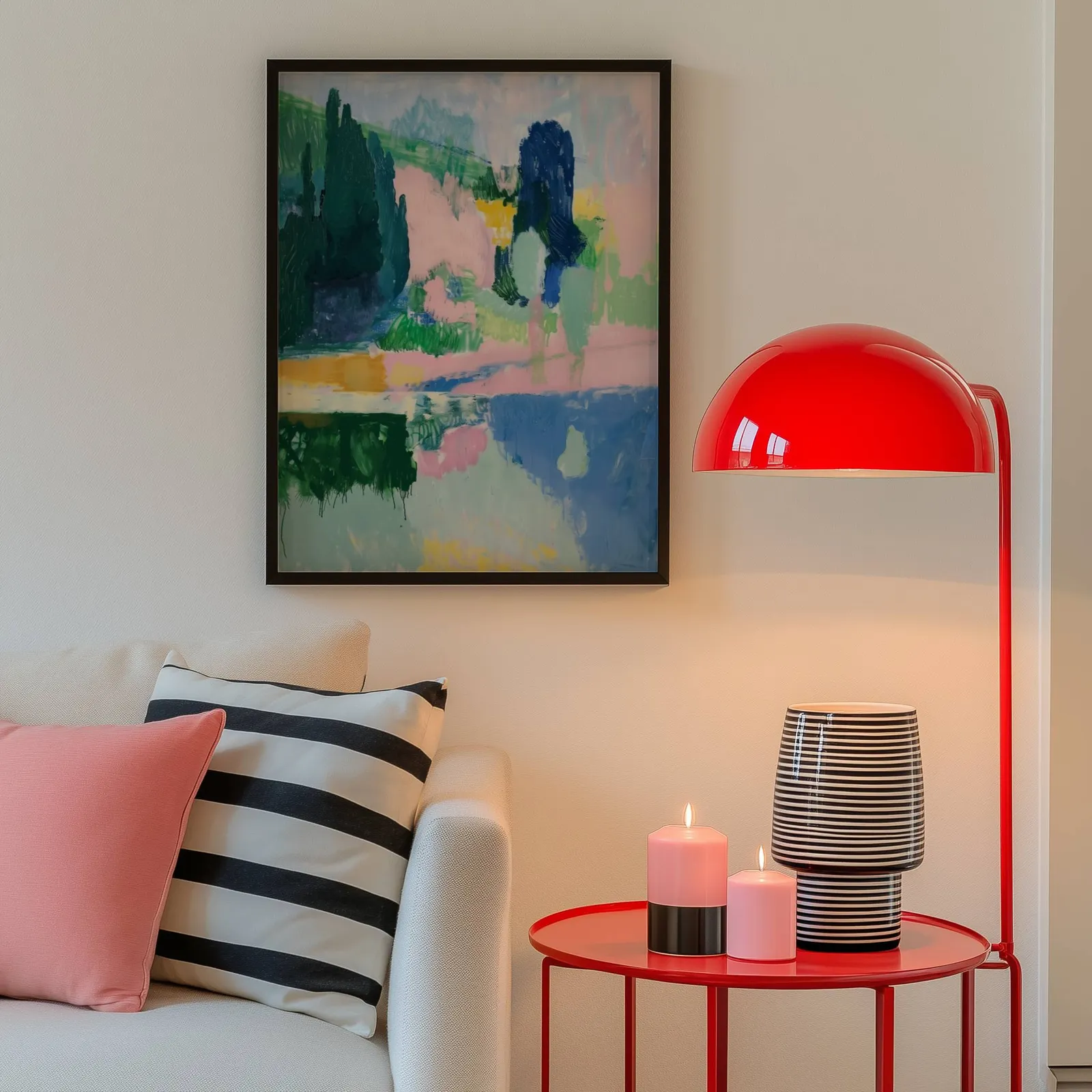 pink and green abstract landscape wall art, above a cream sofa beside a glossy red dome lamp
