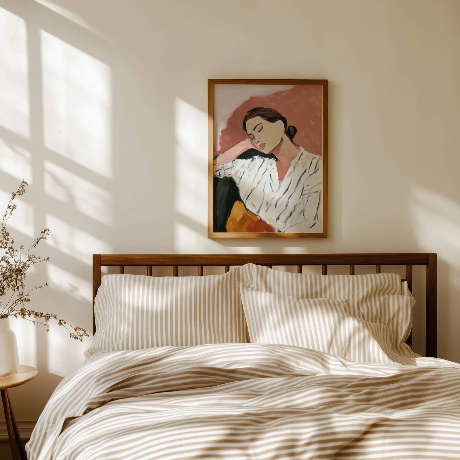 terracotta abstract portrait wall art of resting woman, above a spindle headboard with striped linen bedding