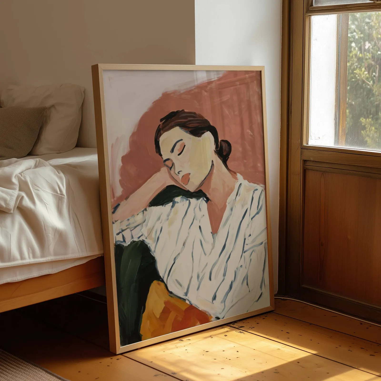 terracotta abstract portrait wall art of resting woman, leaning by a sunlit window beside an unmade bed
