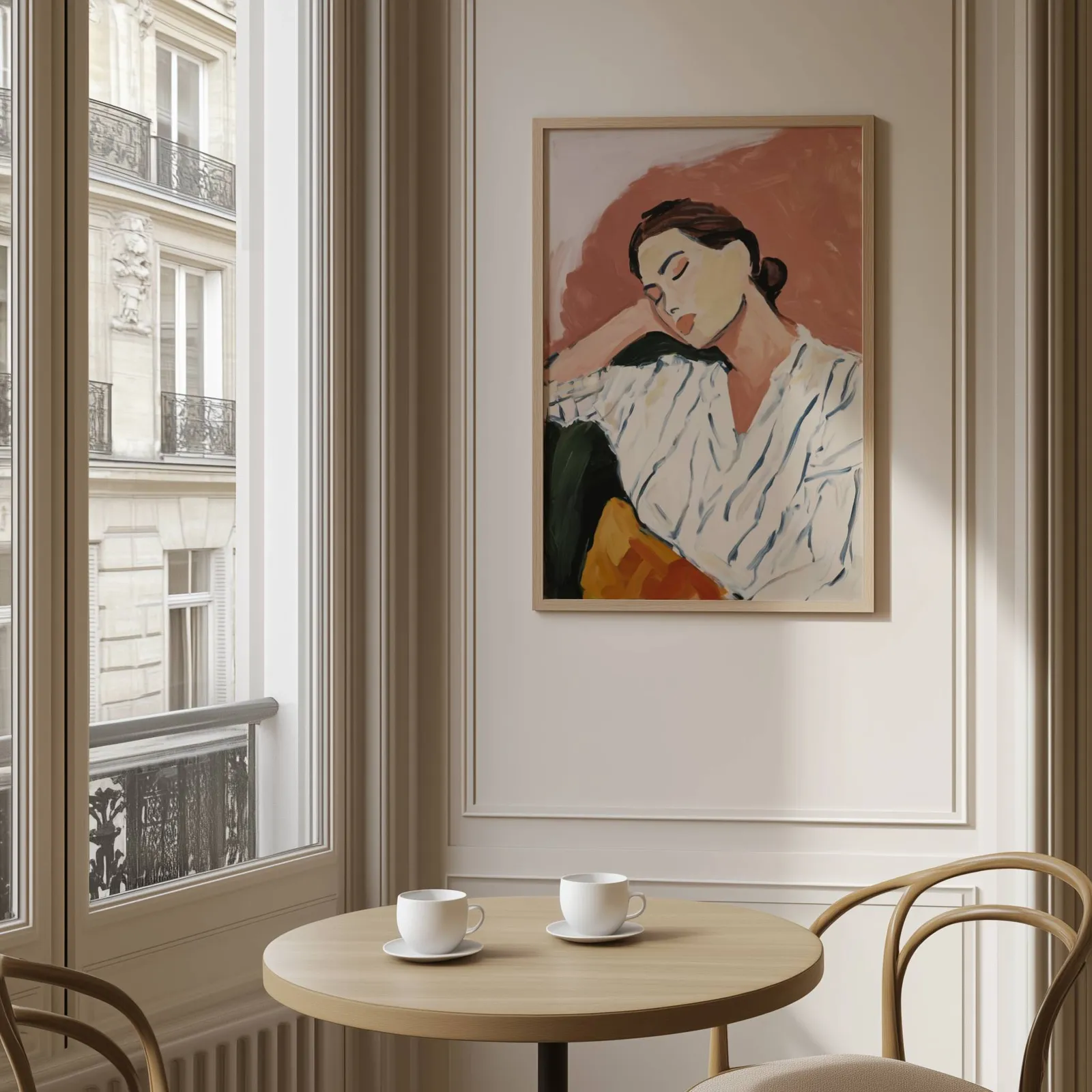 terracotta abstract portrait wall art of resting woman, above a round café table set with two coffee cups