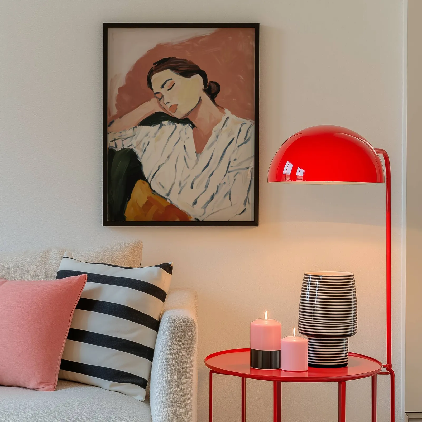 terracotta abstract portrait wall art of resting woman, above a cream sofa beside a glossy red dome lamp