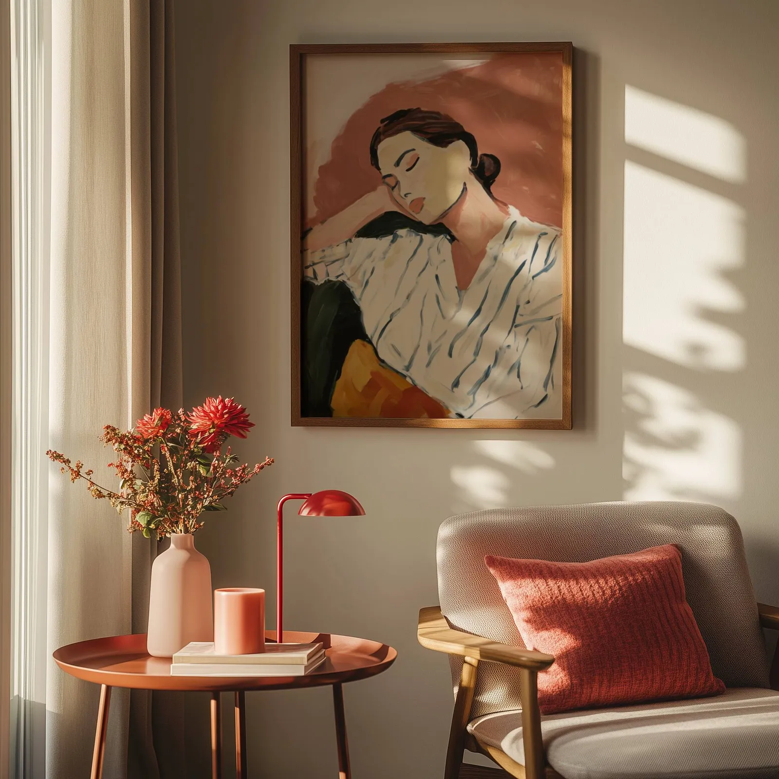terracotta abstract portrait wall art of resting woman, above a round side table with a red lamp and dahlias