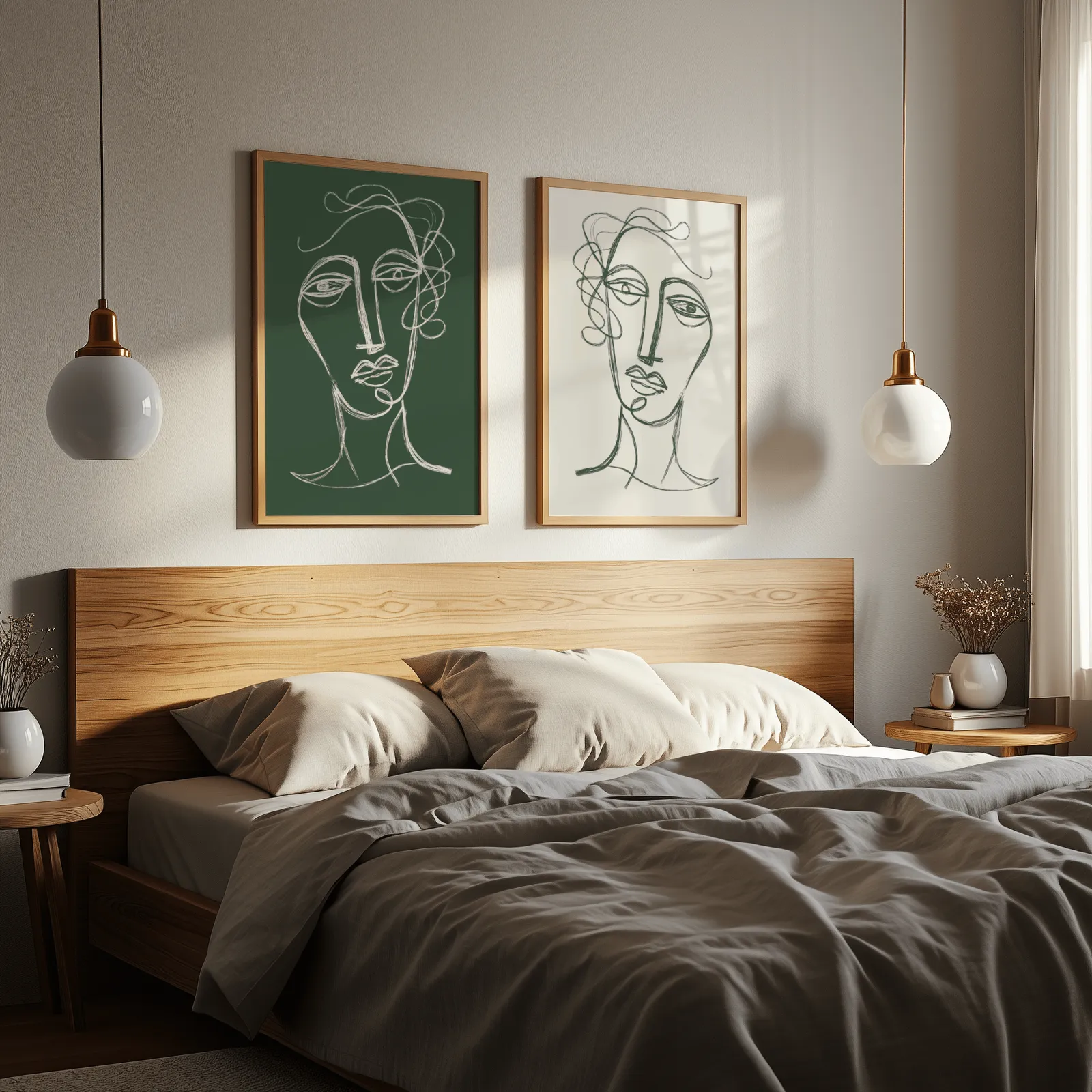 green and cream abstract face line art set of two, above a wooden headboard flanked by globe pendant lights
