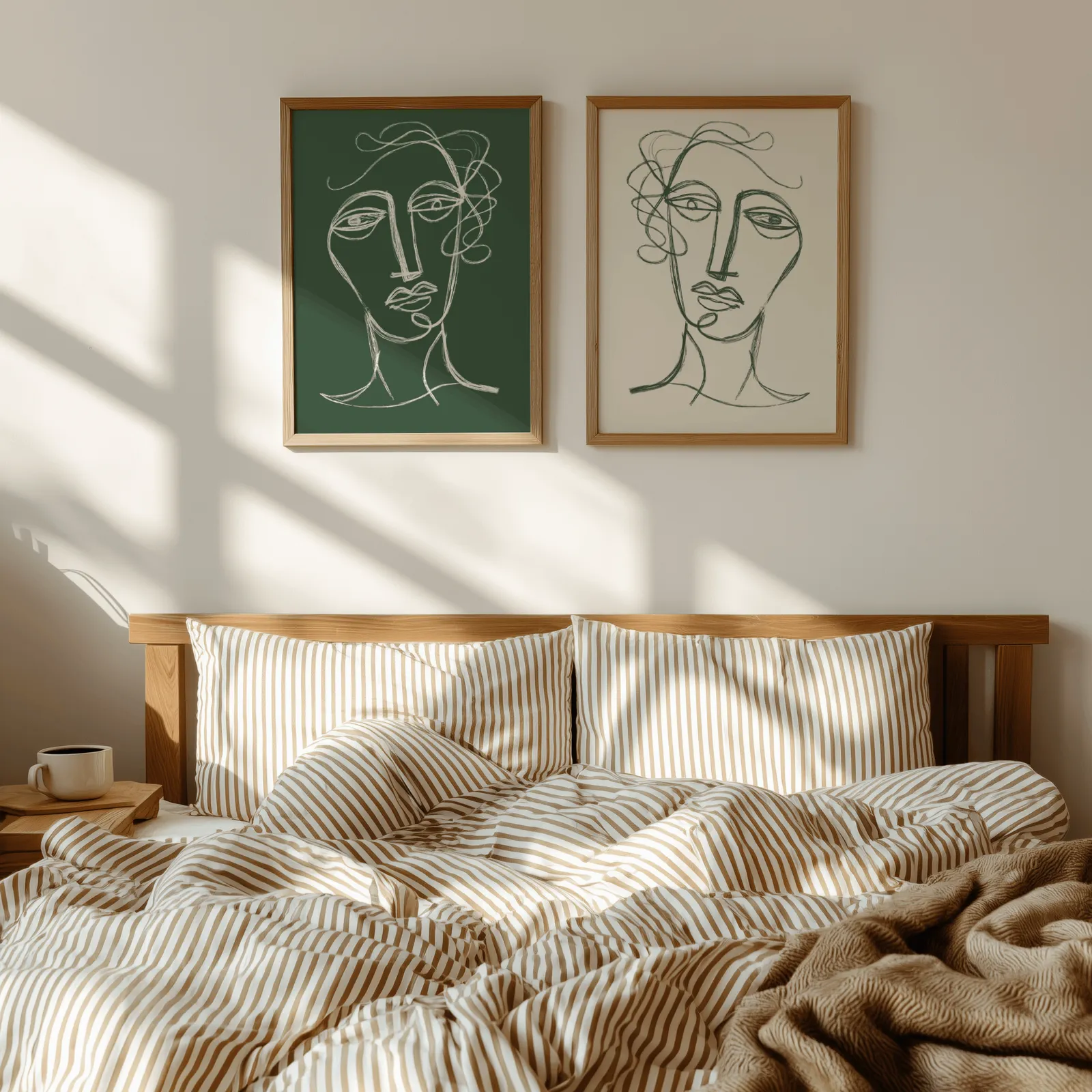green and cream abstract face line art set of two, above a wooden headboard with striped bedding and raking sunlight